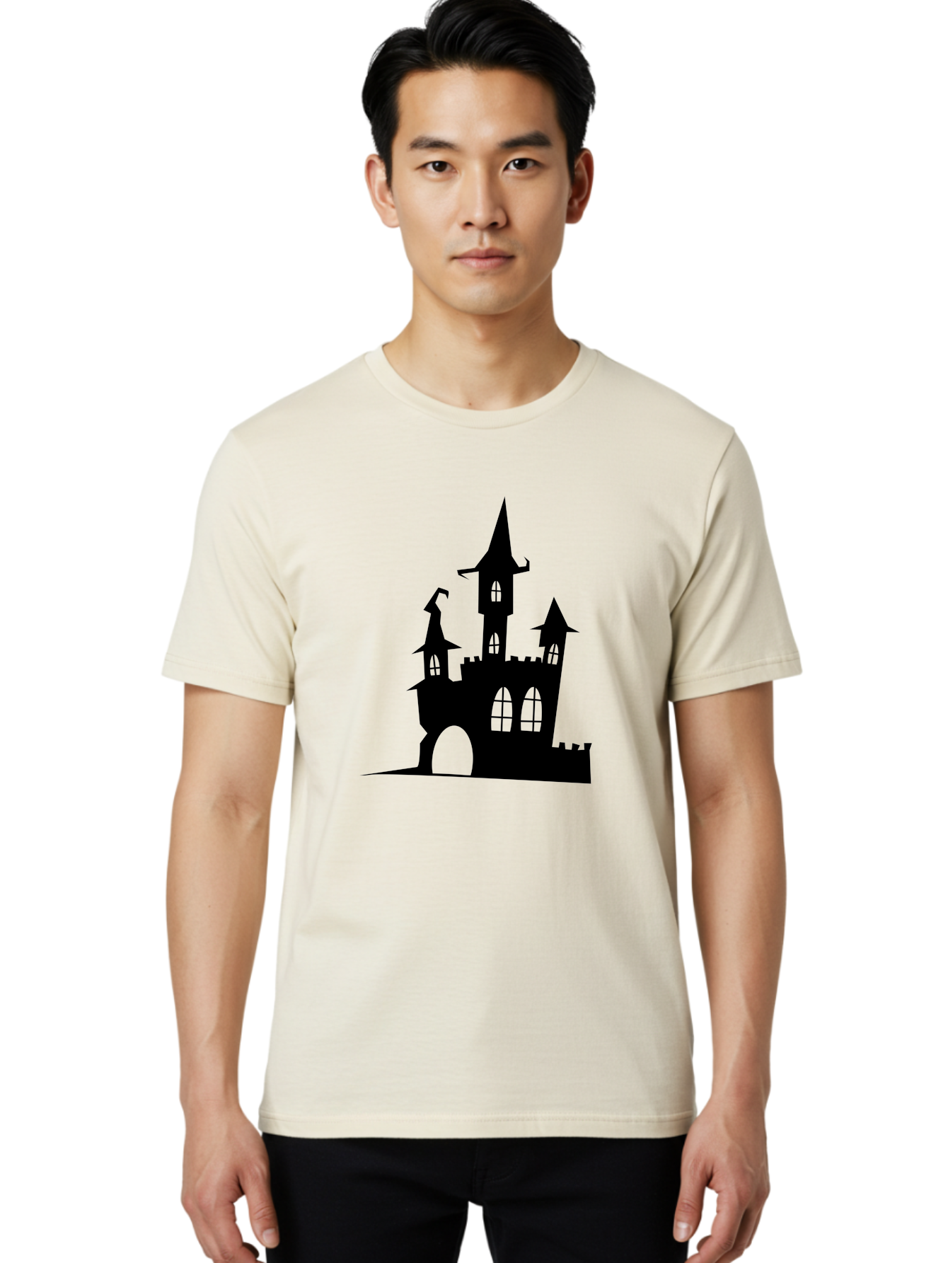 Haunted-Castle Men'S Graphic Tee, 100% Cotton, Comfortable Casual Summer Wear, Machine Washable, Haunted Castle, Spooky Atmosphere, Gothic Architecture, Mysterious Vibe, Fantasy World, Dark Magic, Witch'S Lair, Haunted Mansion, Eerie Feeling Aab222