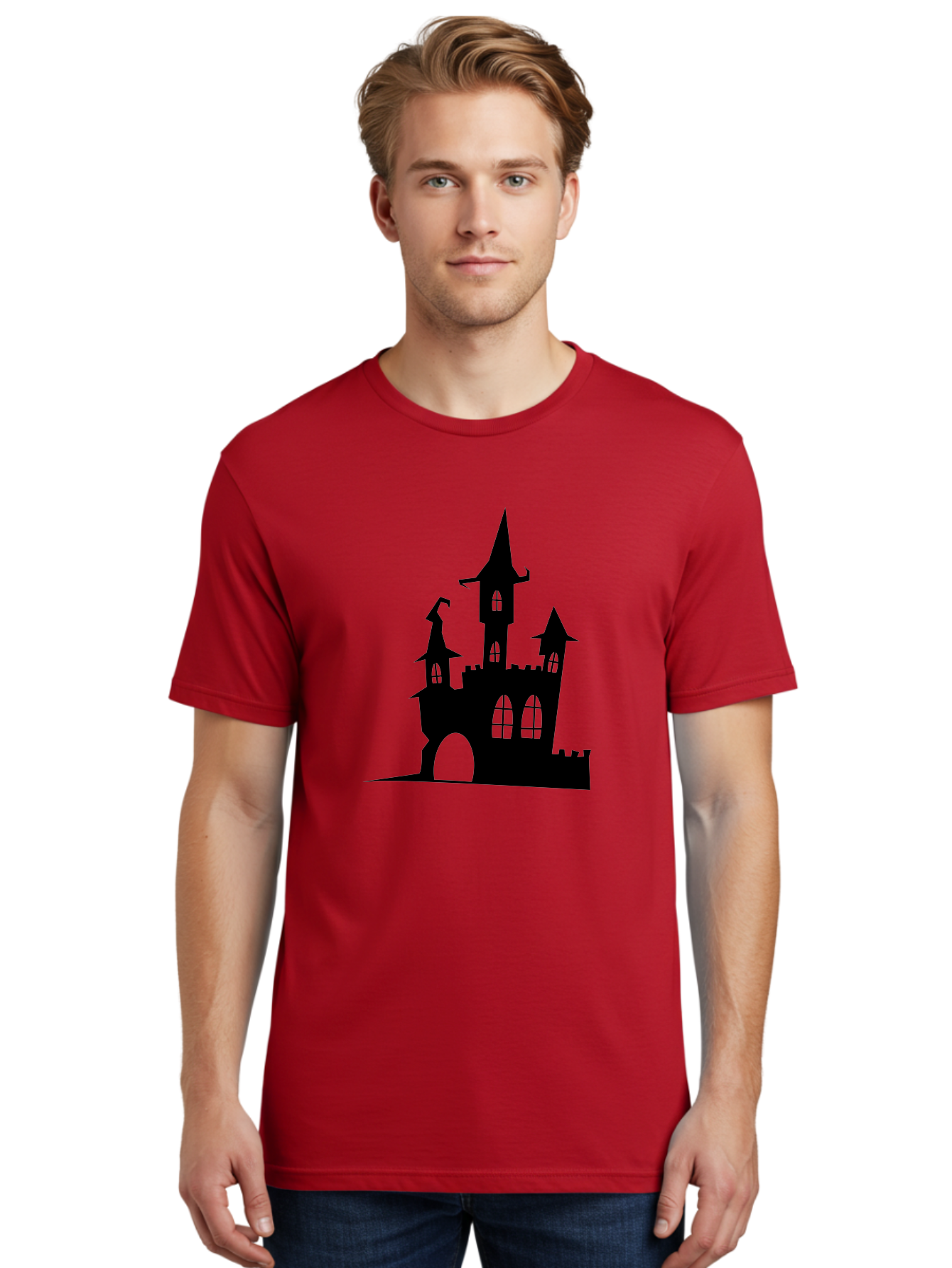 Haunted-Castle Men'S Graphic Tee, 100% Cotton, Comfortable Casual Summer Wear, Machine Washable, Haunted Castle, Spooky Atmosphere, Gothic Architecture, Mysterious Vibe, Fantasy World, Dark Magic, Witch'S Lair, Haunted Mansion, Eerie Feeling Aab222