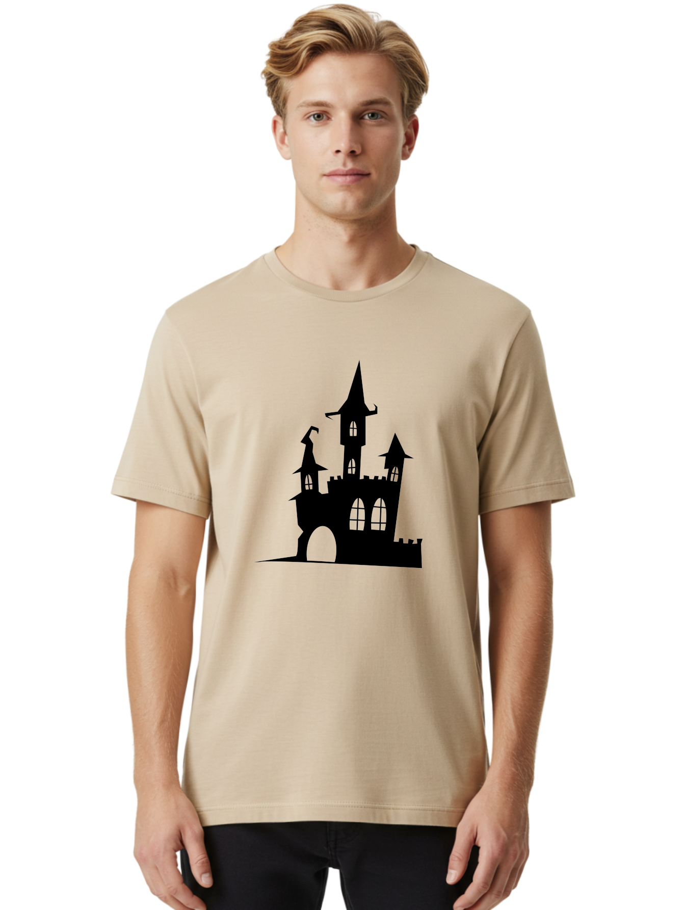 Haunted-Castle Men'S Graphic Tee, 100% Cotton, Comfortable Casual Summer Wear, Machine Washable, Haunted Castle, Spooky Atmosphere, Gothic Architecture, Mysterious Vibe, Fantasy World, Dark Magic, Witch'S Lair, Haunted Mansion, Eerie Feeling Aab222