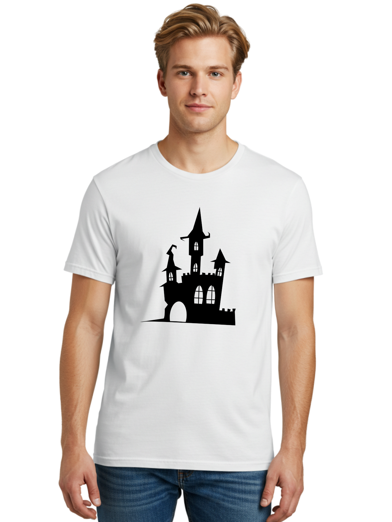 Haunted-Castle Men'S Graphic Tee, 100% Cotton, Comfortable Casual Summer Wear, Machine Washable, Haunted Castle, Spooky Atmosphere, Gothic Architecture, Mysterious Vibe, Fantasy World, Dark Magic, Witch'S Lair, Haunted Mansion, Eerie Feeling Aab222