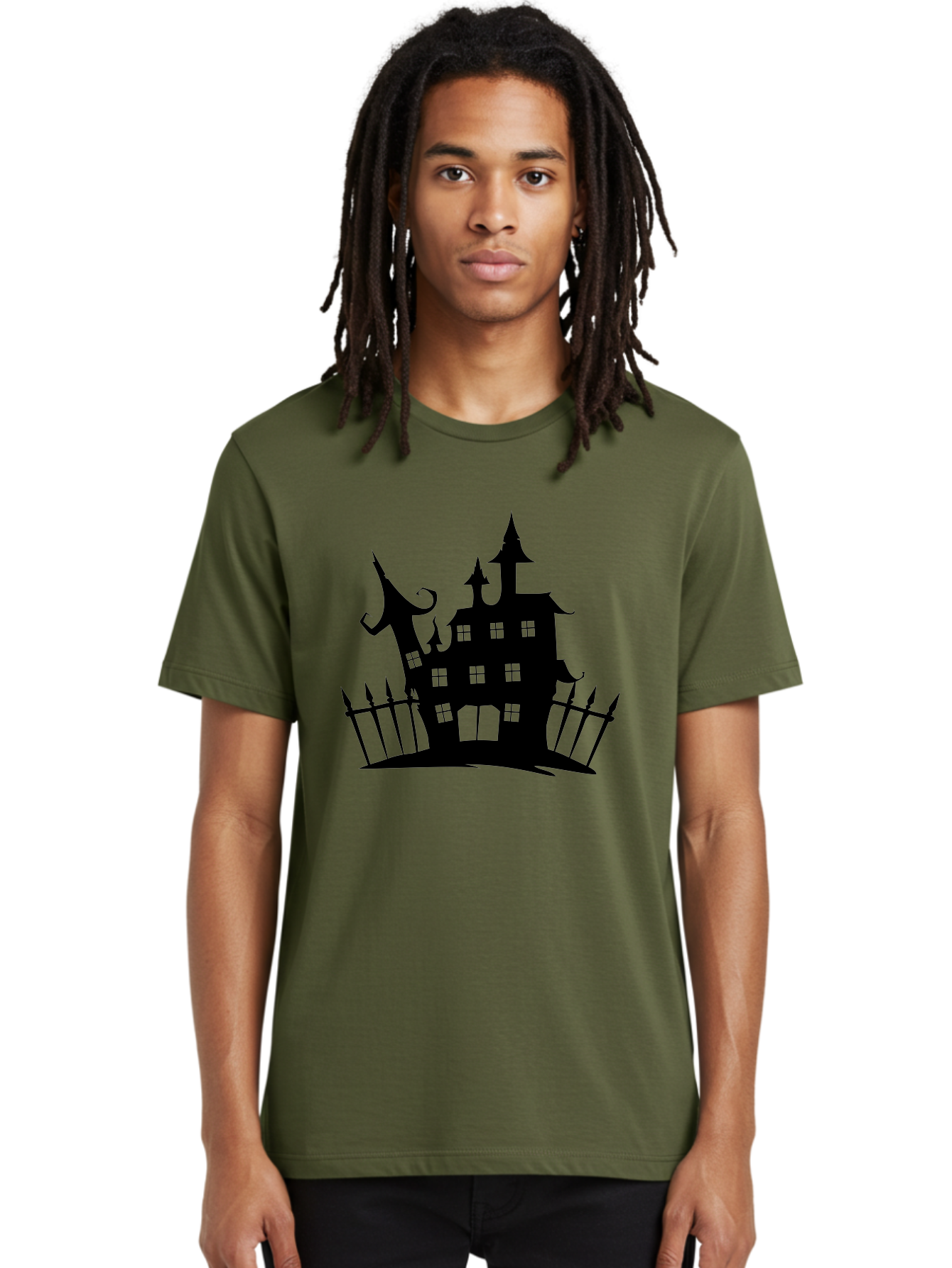 Haunted-House-1 Men'S Graphic Tee, 100% Cotton, Comfortable Casual Summer Wear, Machine Washable, Haunted Mansion, Creepy House, Horror Theme, Spooky Atmosphere, Gothic Architecture, Haunted Location, Eerie Vibe, Black Silhouette Aab223