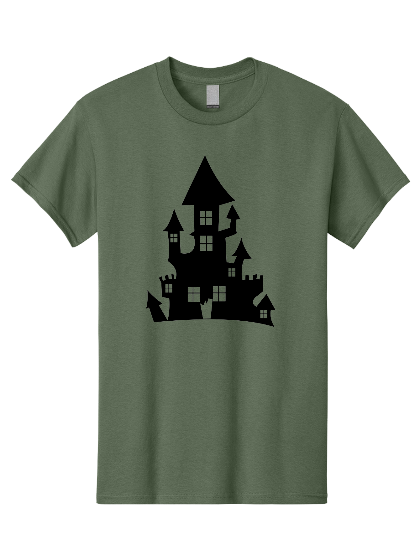 Haunted-House-Silhouette-1 Men'S Graphic Tee, 100% Cotton, Comfortable Casual Summer Wear, Machine Washable, Medieval Castle, Black Silhouette, Fantasy Architecture, Mysterious Atmosphere, Gothic Style, Spooky Vibe, Dark Magic, Haunted House, Aab224