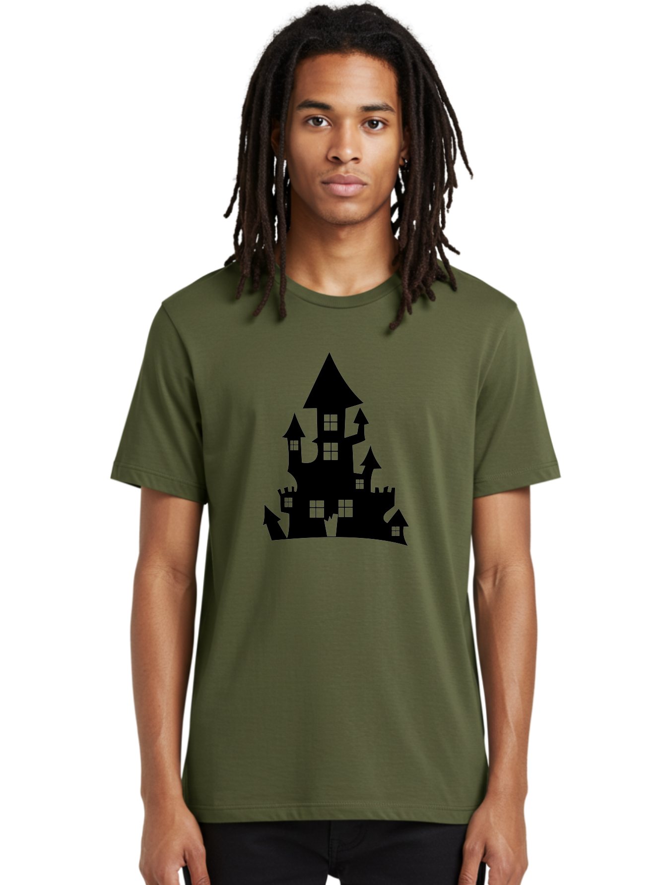 Haunted-House-Silhouette-1 Men'S Graphic Tee, 100% Cotton, Comfortable Casual Summer Wear, Machine Washable, Medieval Castle, Black Silhouette, Fantasy Architecture, Mysterious Atmosphere, Gothic Style, Spooky Vibe, Dark Magic, Haunted House, Aab224
