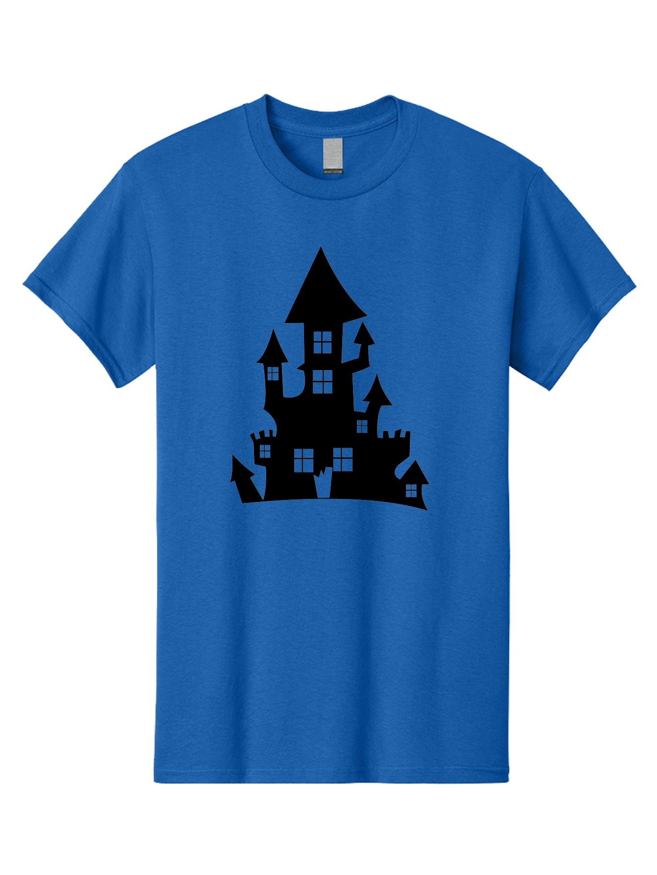 Haunted-House-Silhouette-1 Men'S Graphic Tee, 100% Cotton, Comfortable Casual Summer Wear, Machine Washable, Medieval Castle, Black Silhouette, Fantasy Architecture, Mysterious Atmosphere, Gothic Style, Spooky Vibe, Dark Magic, Haunted House, Aab224