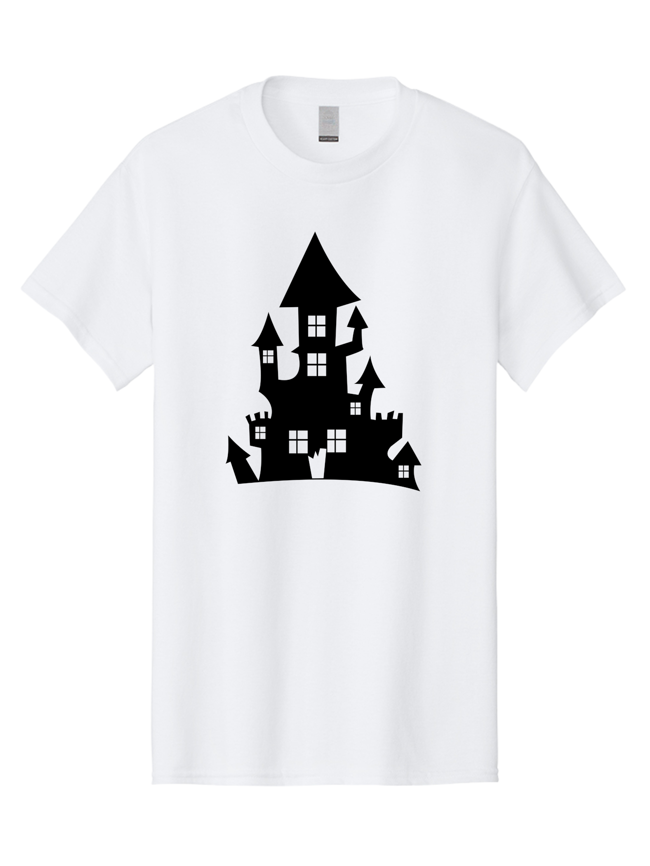 Haunted-House-Silhouette-1 Men'S Graphic Tee, 100% Cotton, Comfortable Casual Summer Wear, Machine Washable, Medieval Castle, Black Silhouette, Fantasy Architecture, Mysterious Atmosphere, Gothic Style, Spooky Vibe, Dark Magic, Haunted House, Aab224