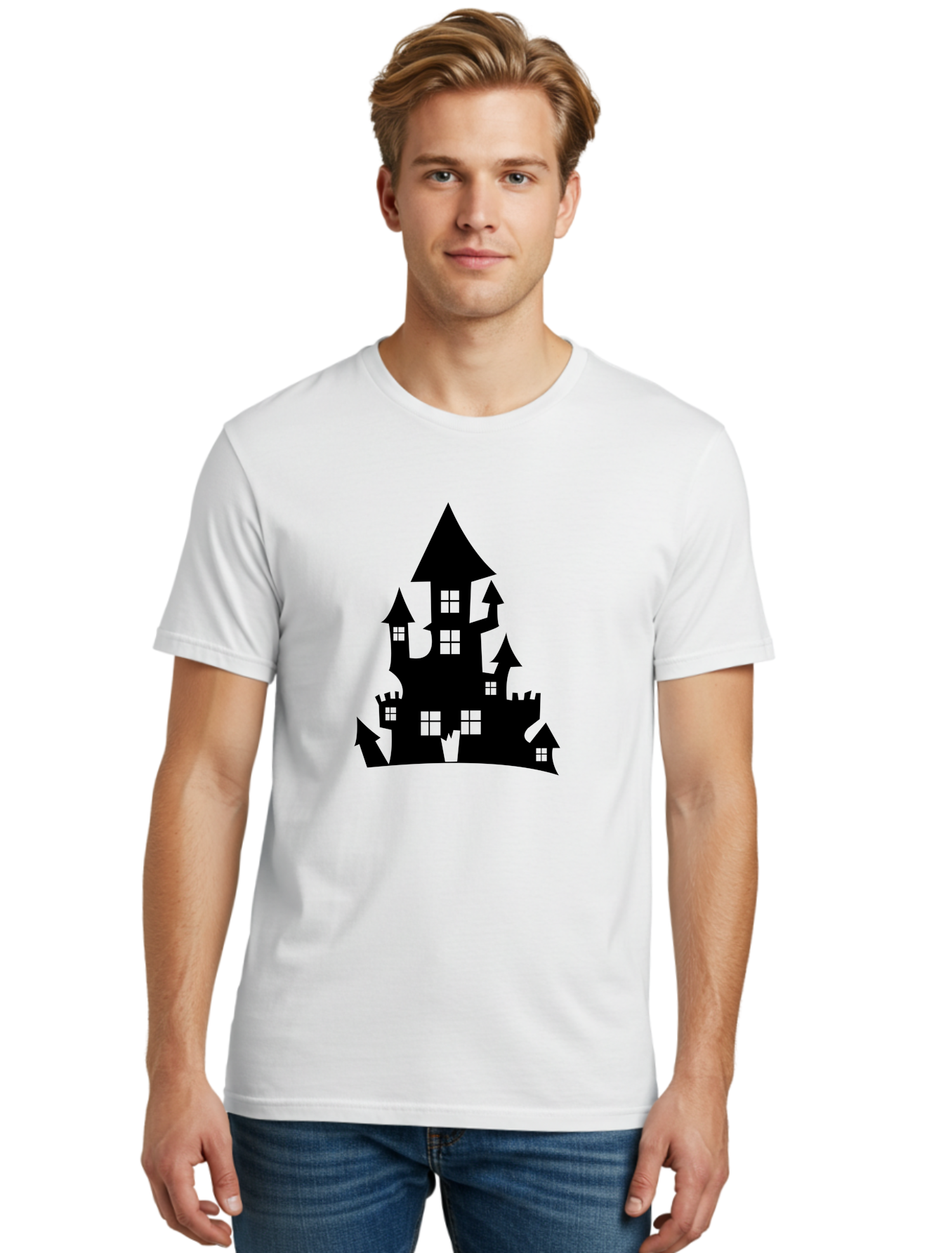 Haunted-House-Silhouette-1 Men'S Graphic Tee, 100% Cotton, Comfortable Casual Summer Wear, Machine Washable, Medieval Castle, Black Silhouette, Fantasy Architecture, Mysterious Atmosphere, Gothic Style, Spooky Vibe, Dark Magic, Haunted House, Aab224