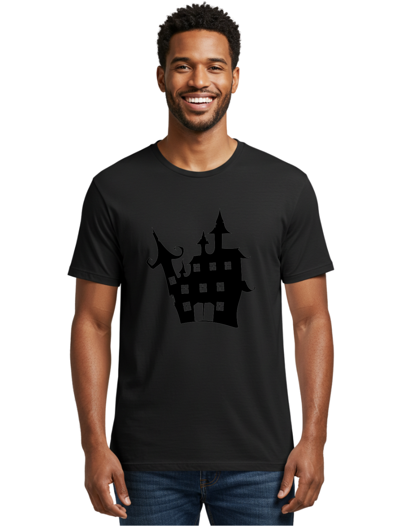 Haunted-House-Silhouette-2 Men'S Graphic Tee, 100% Cotton, Comfortable Casual Summer Wear, Machine Washable, Haunted House, Spooky Atmosphere, Gothic Architecture, Mysterious Mansion, Eerie Silhouette, Halloween Decor Aab225