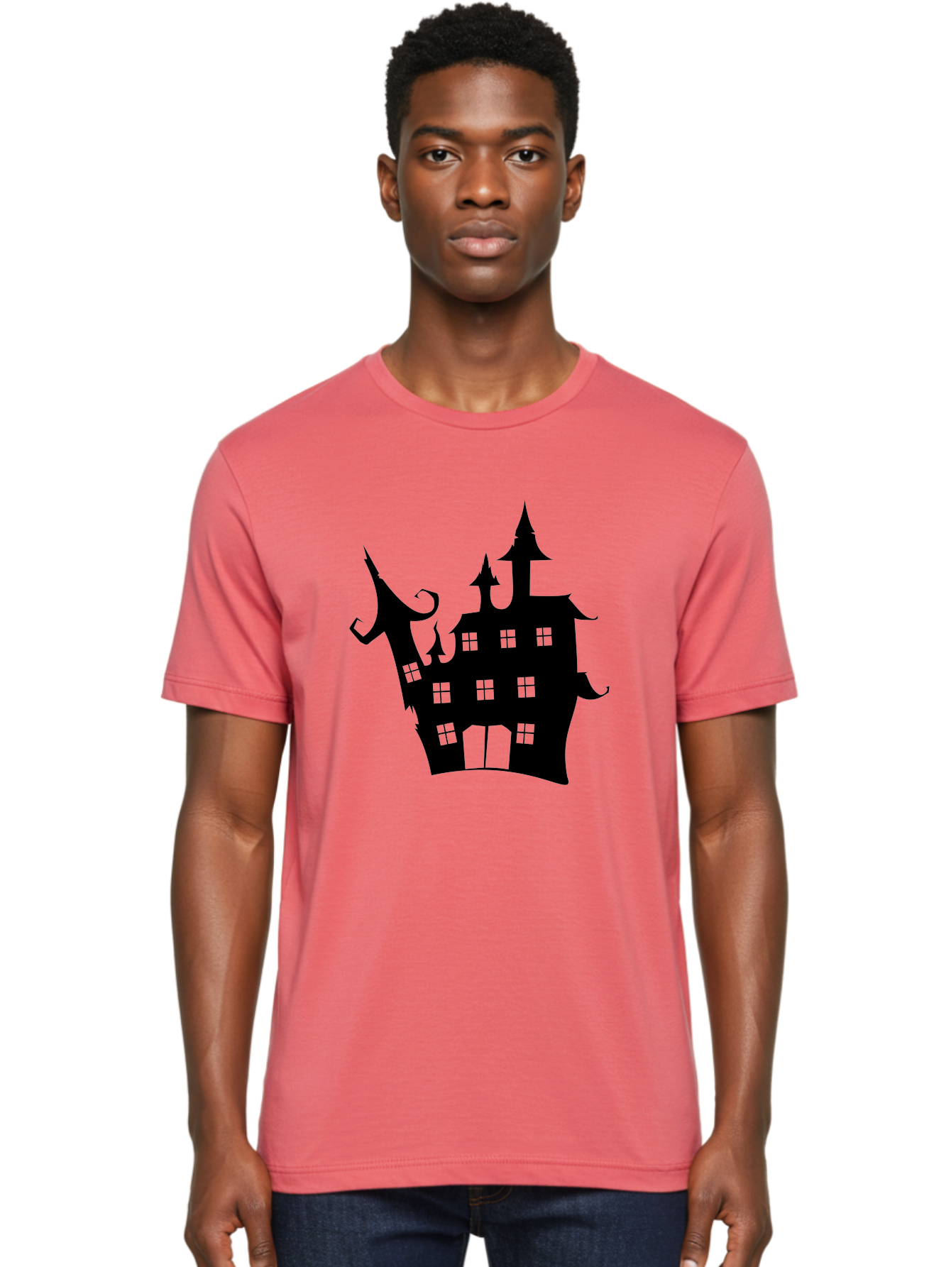 Haunted-House-Silhouette-2 Men'S Graphic Tee, 100% Cotton, Comfortable Casual Summer Wear, Machine Washable, Haunted House, Spooky Atmosphere, Gothic Architecture, Mysterious Mansion, Eerie Silhouette, Halloween Decor Aab225