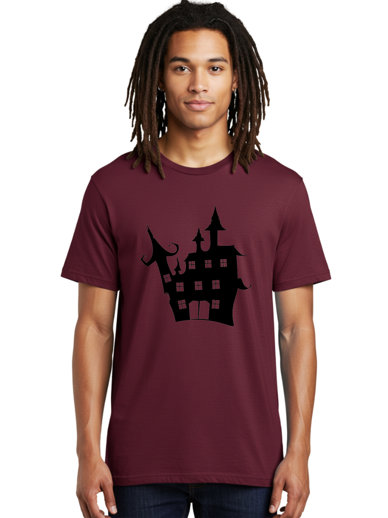 Haunted-House-Silhouette-2 Men'S Graphic Tee, 100% Cotton, Comfortable Casual Summer Wear, Machine Washable, Haunted House, Spooky Atmosphere, Gothic Architecture, Mysterious Mansion, Eerie Silhouette, Halloween Decor Aab225