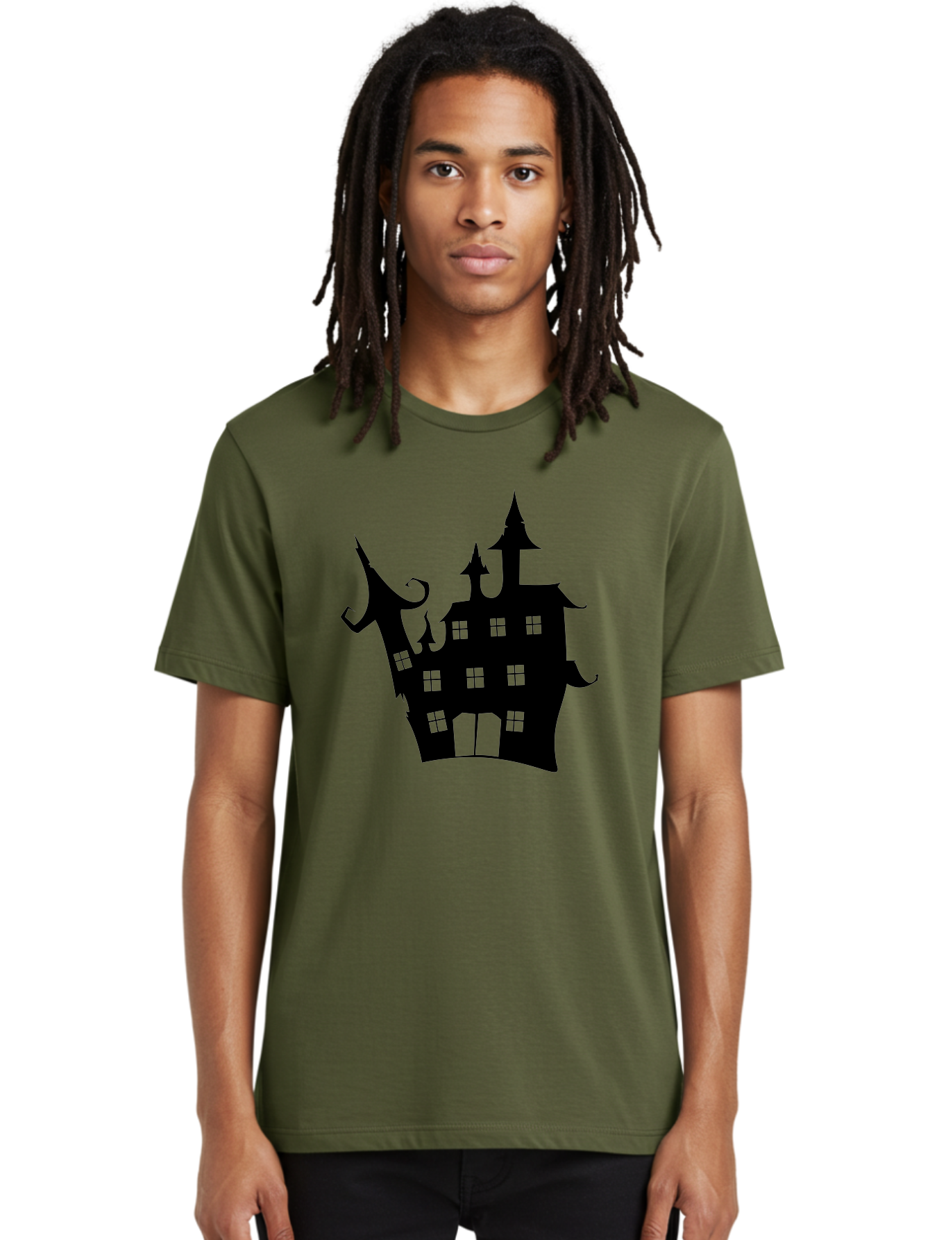 Haunted-House-Silhouette-2 Men'S Graphic Tee, 100% Cotton, Comfortable Casual Summer Wear, Machine Washable, Haunted House, Spooky Atmosphere, Gothic Architecture, Mysterious Mansion, Eerie Silhouette, Halloween Decor Aab225