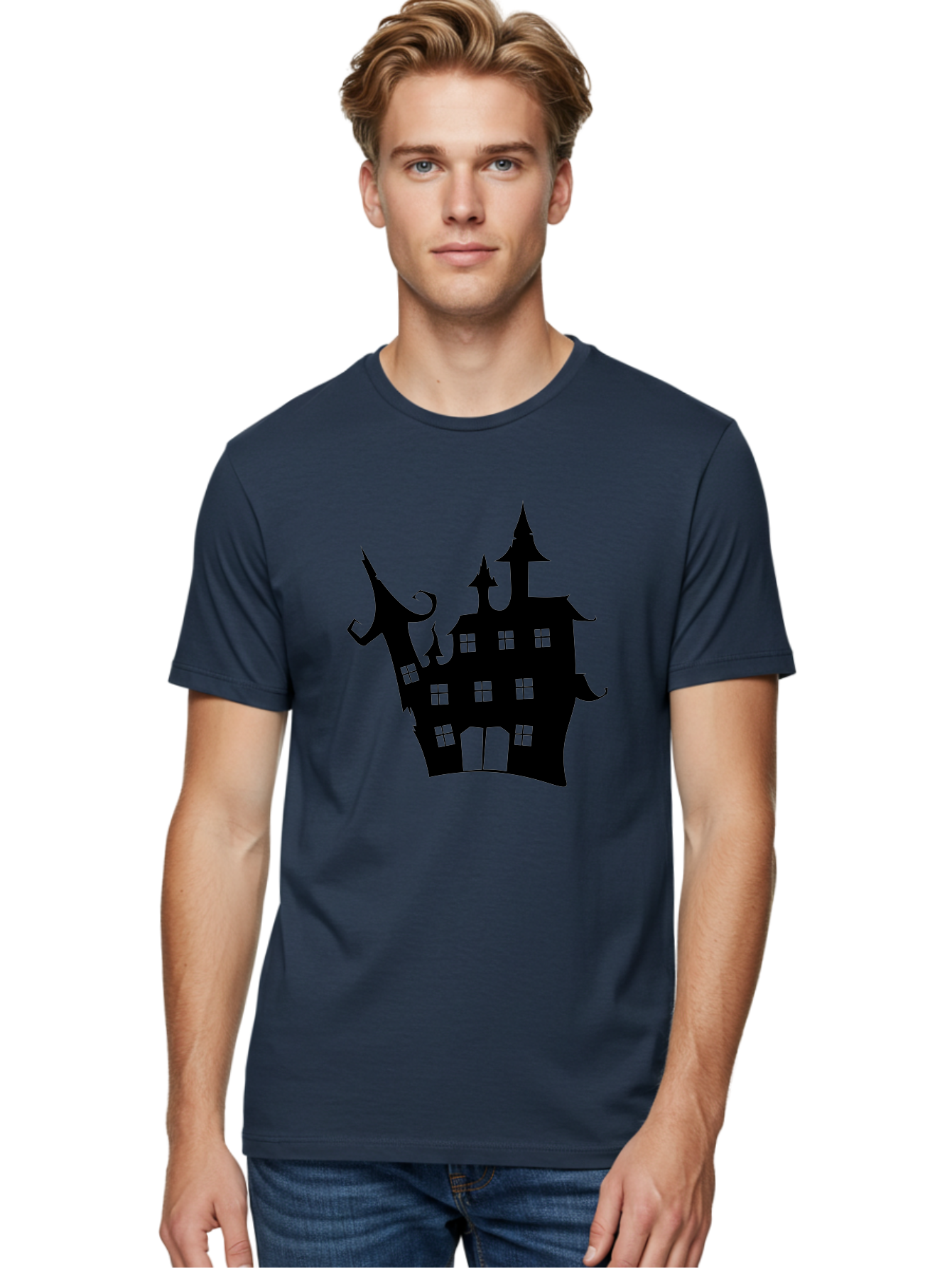 Haunted-House-Silhouette-2 Men'S Graphic Tee, 100% Cotton, Comfortable Casual Summer Wear, Machine Washable, Haunted House, Spooky Atmosphere, Gothic Architecture, Mysterious Mansion, Eerie Silhouette, Halloween Decor Aab225
