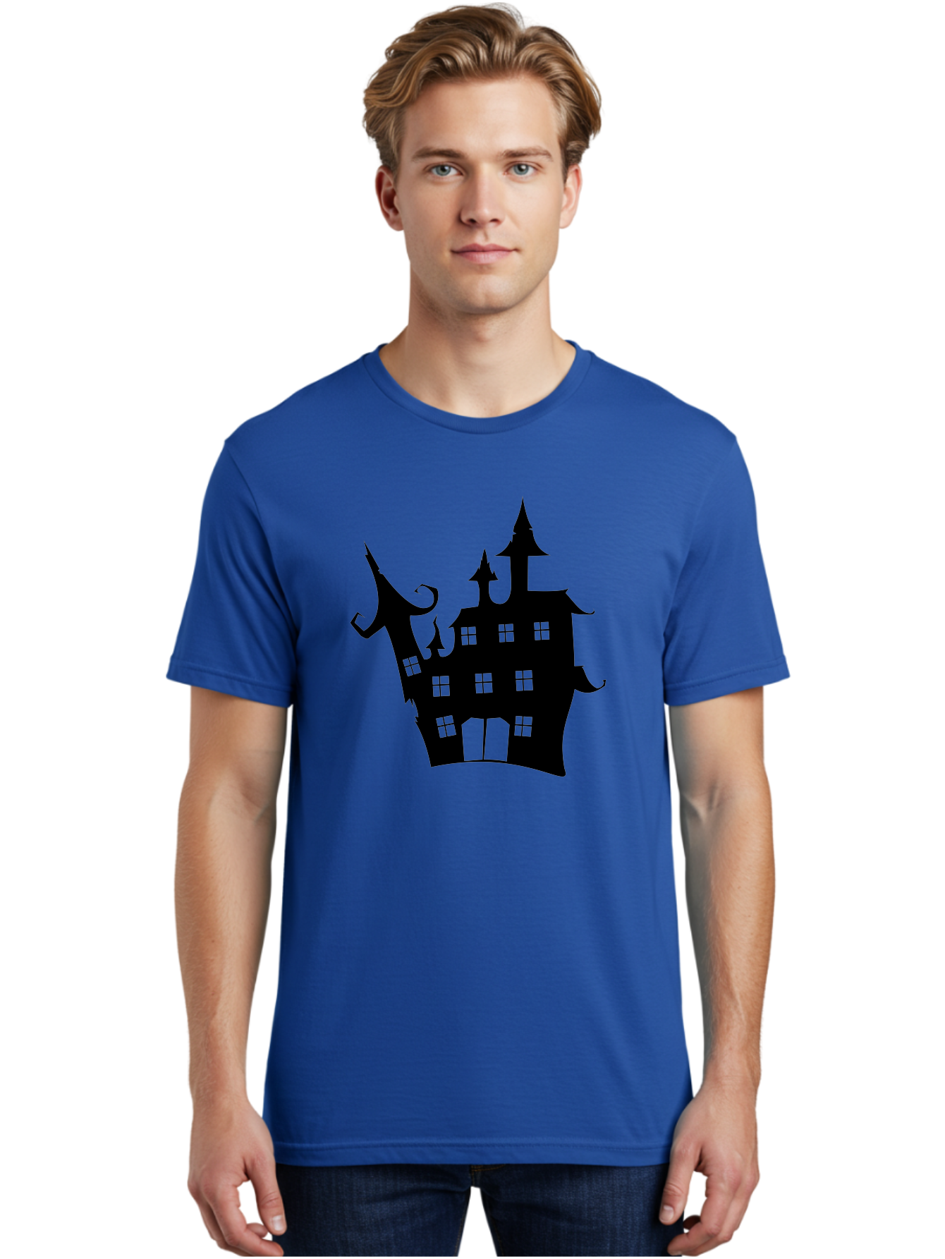 Haunted-House-Silhouette-2 Men'S Graphic Tee, 100% Cotton, Comfortable Casual Summer Wear, Machine Washable, Haunted House, Spooky Atmosphere, Gothic Architecture, Mysterious Mansion, Eerie Silhouette, Halloween Decor Aab225