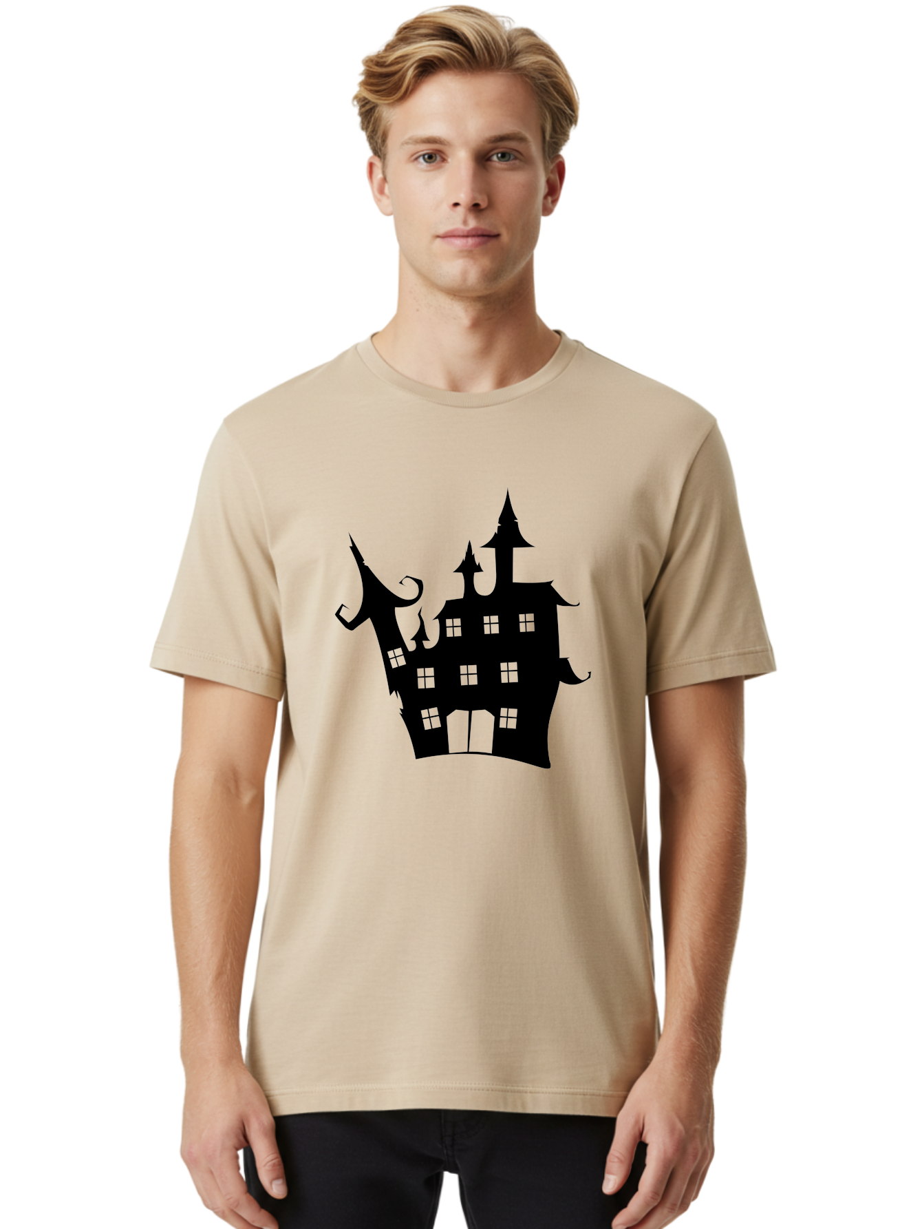 Haunted-House-Silhouette-2 Men'S Graphic Tee, 100% Cotton, Comfortable Casual Summer Wear, Machine Washable, Haunted House, Spooky Atmosphere, Gothic Architecture, Mysterious Mansion, Eerie Silhouette, Halloween Decor Aab225