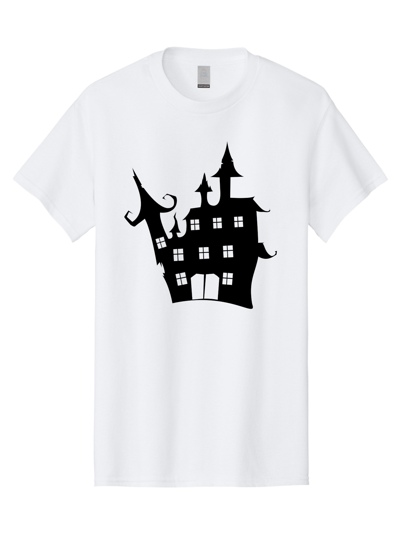 Haunted-House-Silhouette-2 Men'S Graphic Tee, 100% Cotton, Comfortable Casual Summer Wear, Machine Washable, Haunted House, Spooky Atmosphere, Gothic Architecture, Mysterious Mansion, Eerie Silhouette, Halloween Decor Aab225