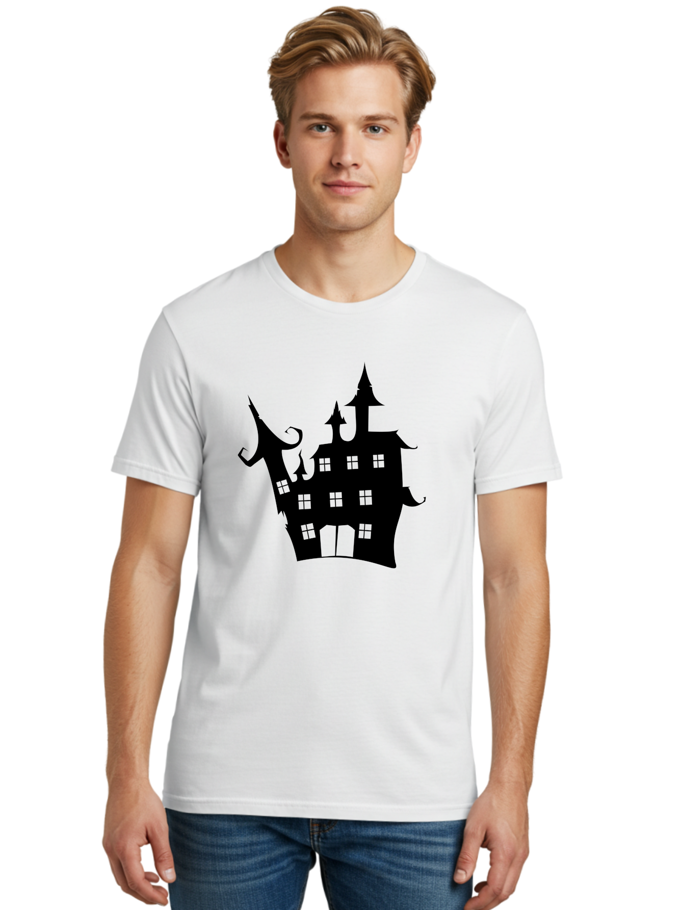 Haunted-House-Silhouette-2 Men'S Graphic Tee, 100% Cotton, Comfortable Casual Summer Wear, Machine Washable, Haunted House, Spooky Atmosphere, Gothic Architecture, Mysterious Mansion, Eerie Silhouette, Halloween Decor Aab225