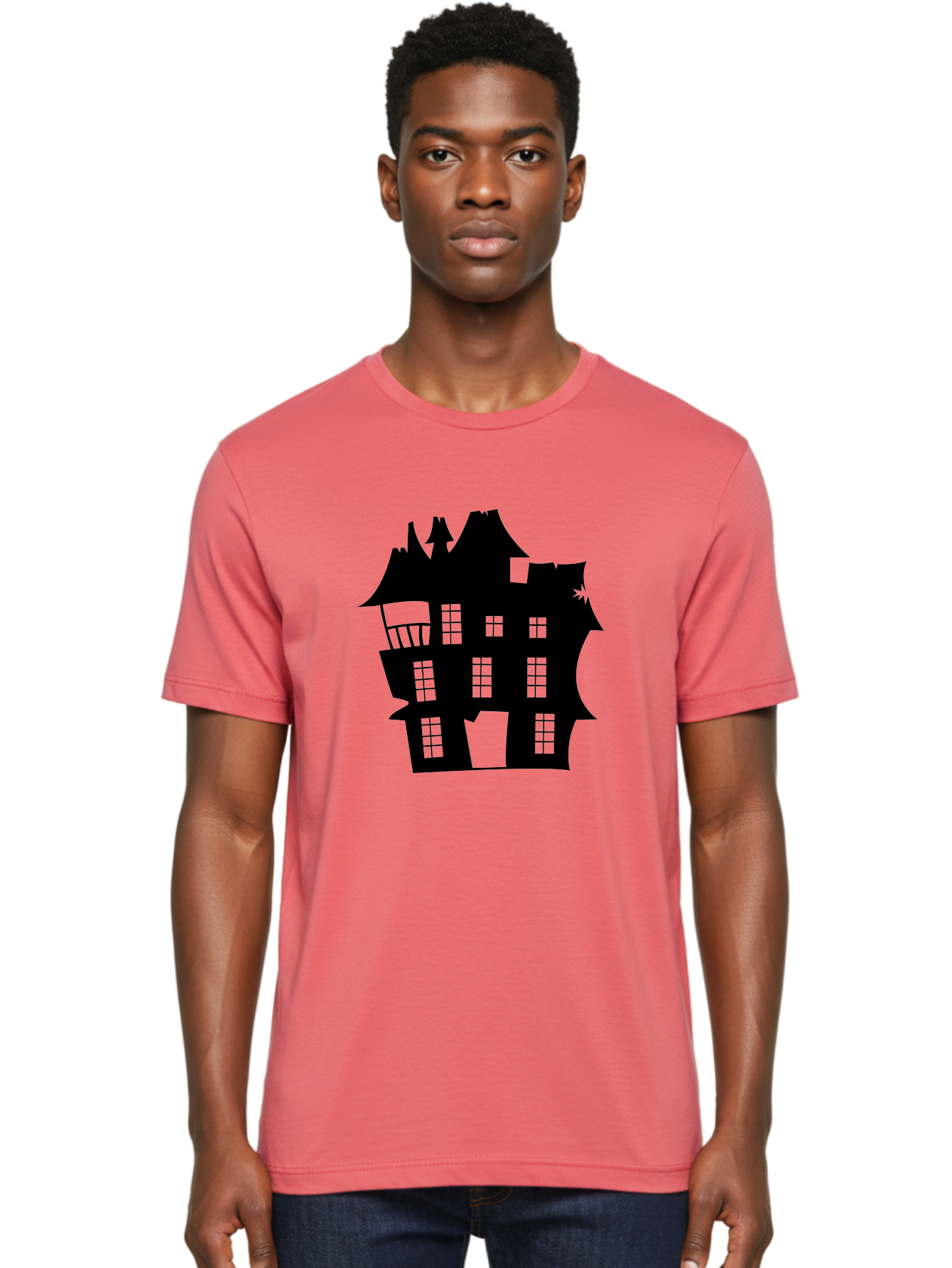 Haunted-House-Silhouette Men'S Graphic Tee, 100% Cotton, Comfortable Casual Summer Wear, Machine Washable, Haunted Mansion, Spooky Silhouette, Eerie Architecture, Creepy House, Haunted Building, Dark Atmosphere, Gothic Style, Mysterious Home Aab226