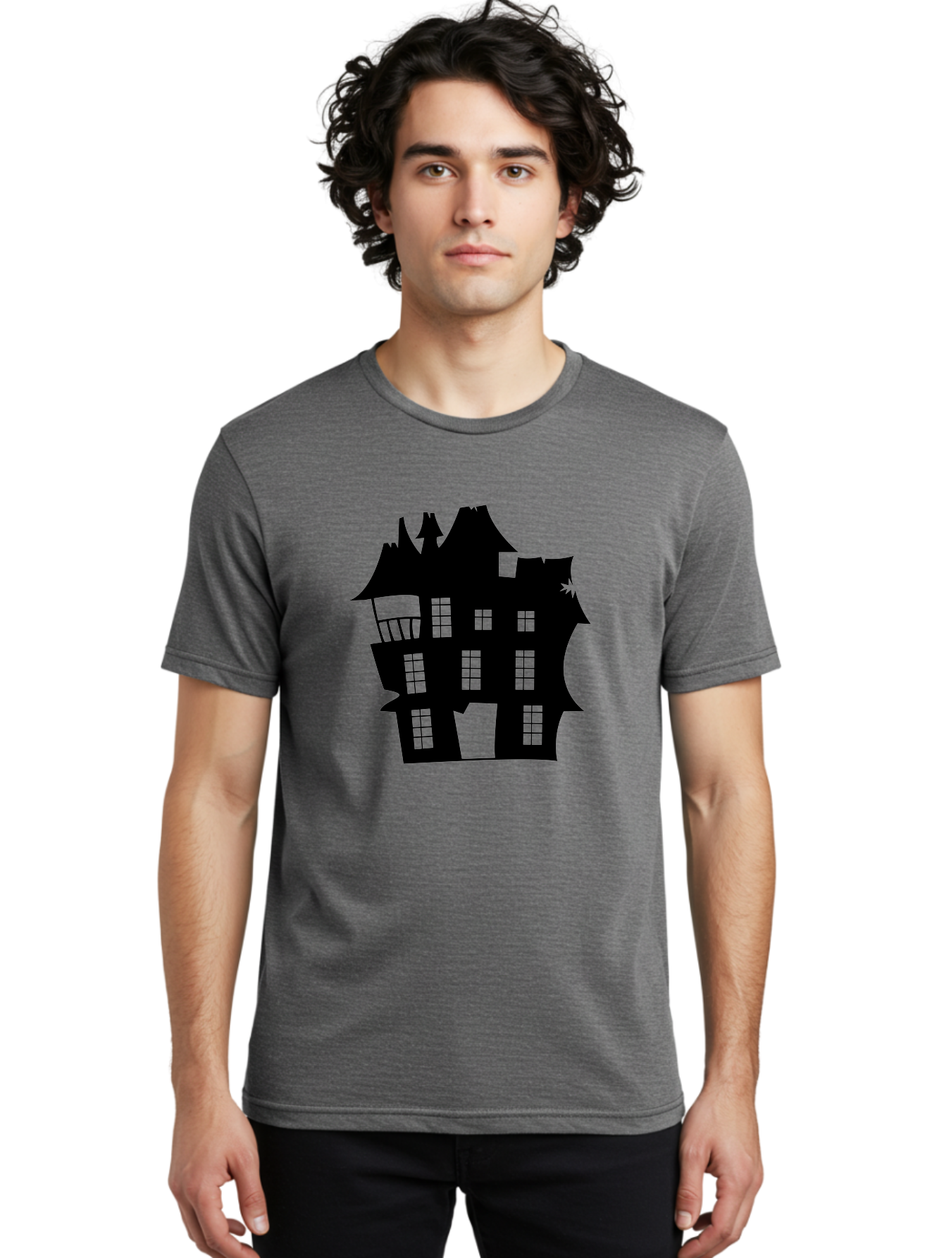 Haunted-House-Silhouette Men'S Graphic Tee, 100% Cotton, Comfortable Casual Summer Wear, Machine Washable, Haunted Mansion, Spooky Silhouette, Eerie Architecture, Creepy House, Haunted Building, Dark Atmosphere, Gothic Style, Mysterious Home Aab226