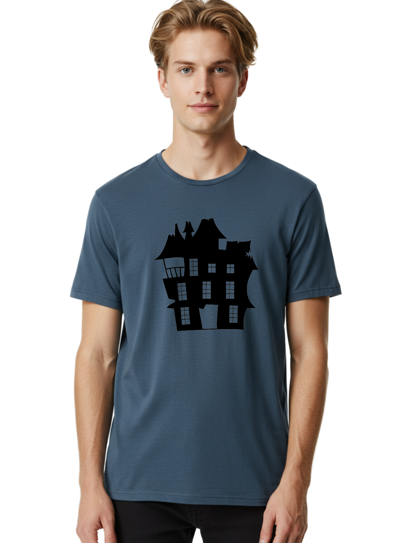 Haunted-House-Silhouette Men'S Graphic Tee, 100% Cotton, Comfortable Casual Summer Wear, Machine Washable, Haunted Mansion, Spooky Silhouette, Eerie Architecture, Creepy House, Haunted Building, Dark Atmosphere, Gothic Style, Mysterious Home Aab226