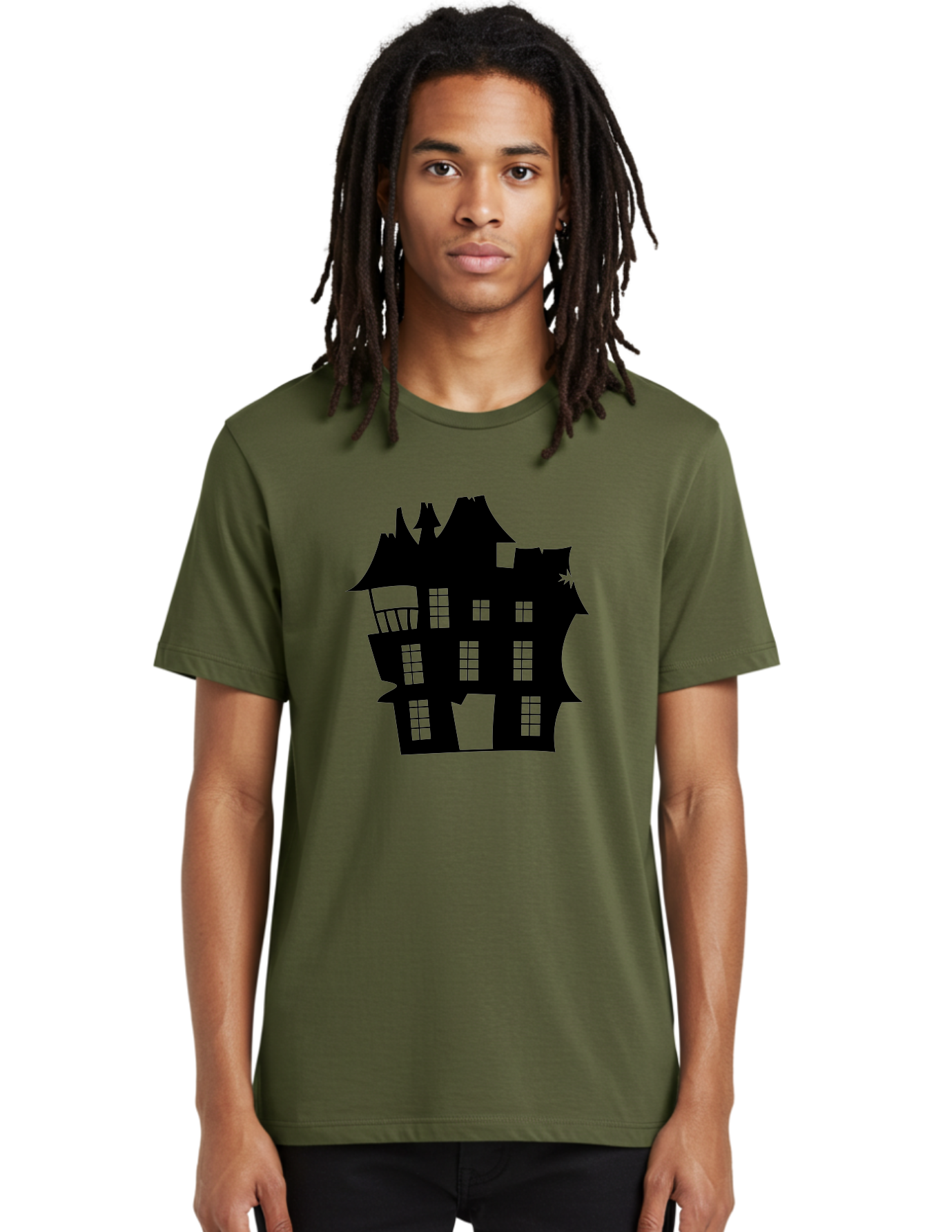 Haunted-House-Silhouette Men'S Graphic Tee, 100% Cotton, Comfortable Casual Summer Wear, Machine Washable, Haunted Mansion, Spooky Silhouette, Eerie Architecture, Creepy House, Haunted Building, Dark Atmosphere, Gothic Style, Mysterious Home Aab226