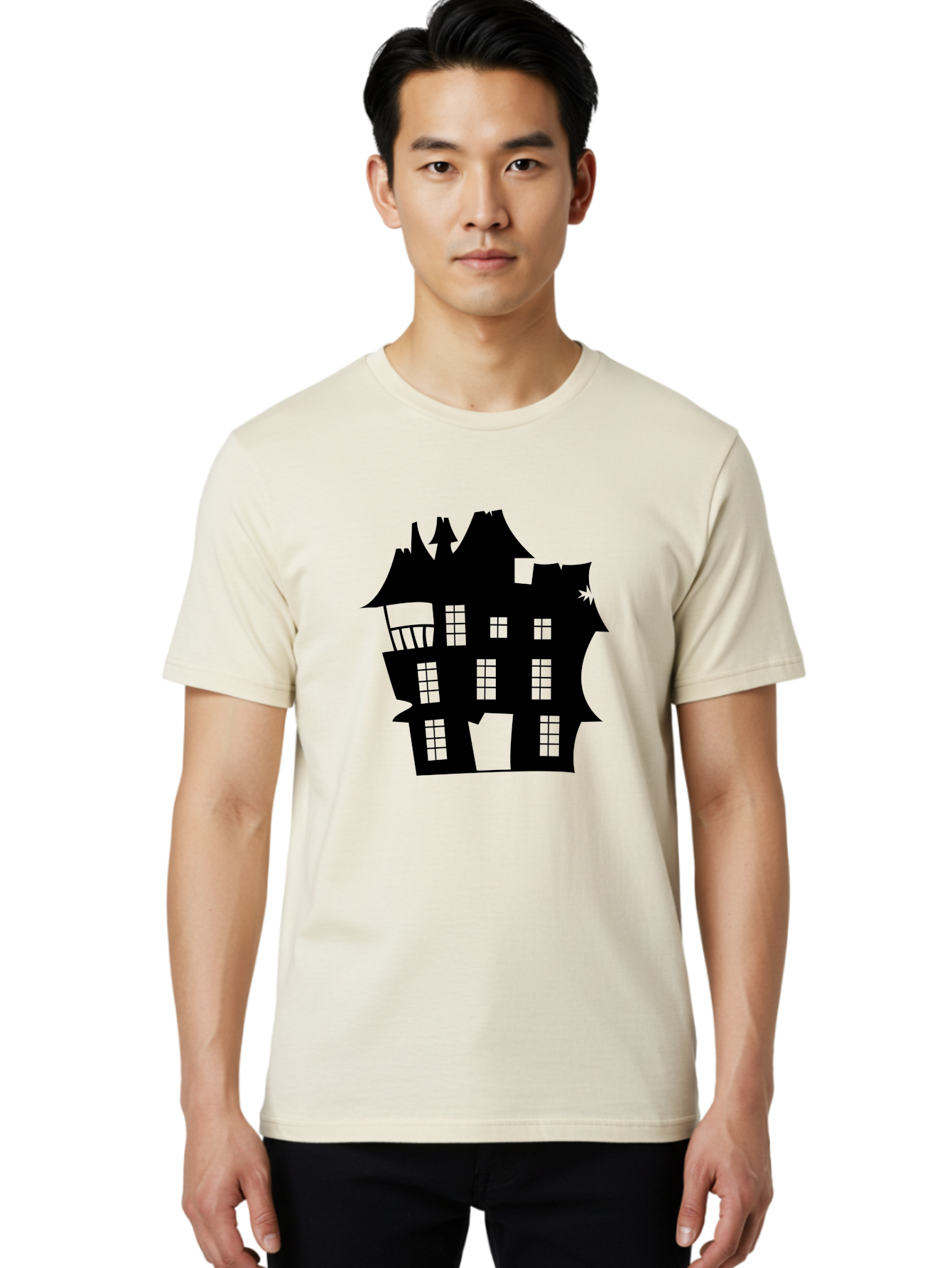 Haunted-House-Silhouette Men'S Graphic Tee, 100% Cotton, Comfortable Casual Summer Wear, Machine Washable, Haunted Mansion, Spooky Silhouette, Eerie Architecture, Creepy House, Haunted Building, Dark Atmosphere, Gothic Style, Mysterious Home Aab226