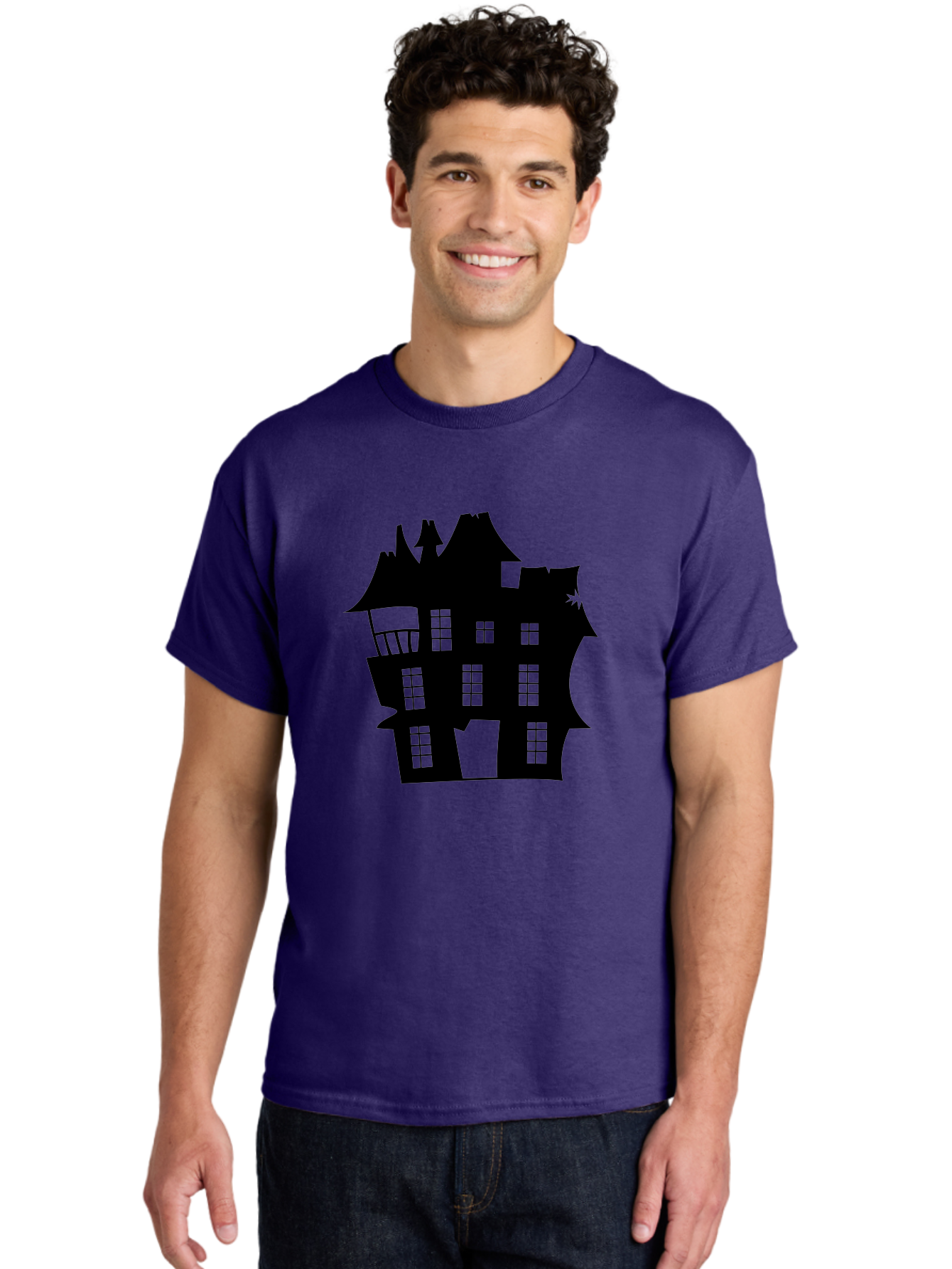 Haunted-House-Silhouette Men'S Graphic Tee, 100% Cotton, Comfortable Casual Summer Wear, Machine Washable, Haunted Mansion, Spooky Silhouette, Eerie Architecture, Creepy House, Haunted Building, Dark Atmosphere, Gothic Style, Mysterious Home Aab226