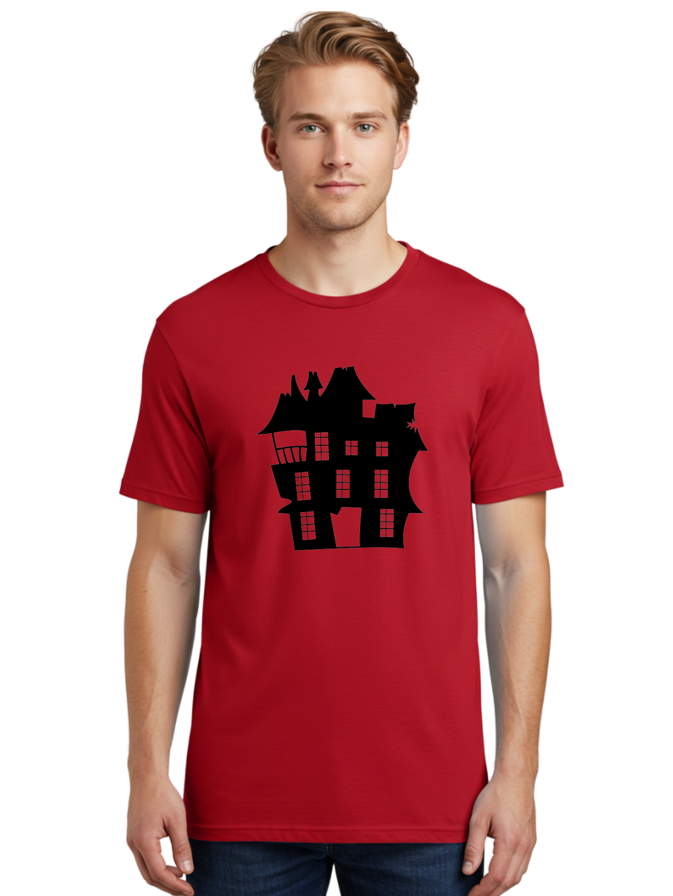 Haunted-House-Silhouette Men'S Graphic Tee, 100% Cotton, Comfortable Casual Summer Wear, Machine Washable, Haunted Mansion, Spooky Silhouette, Eerie Architecture, Creepy House, Haunted Building, Dark Atmosphere, Gothic Style, Mysterious Home Aab226
