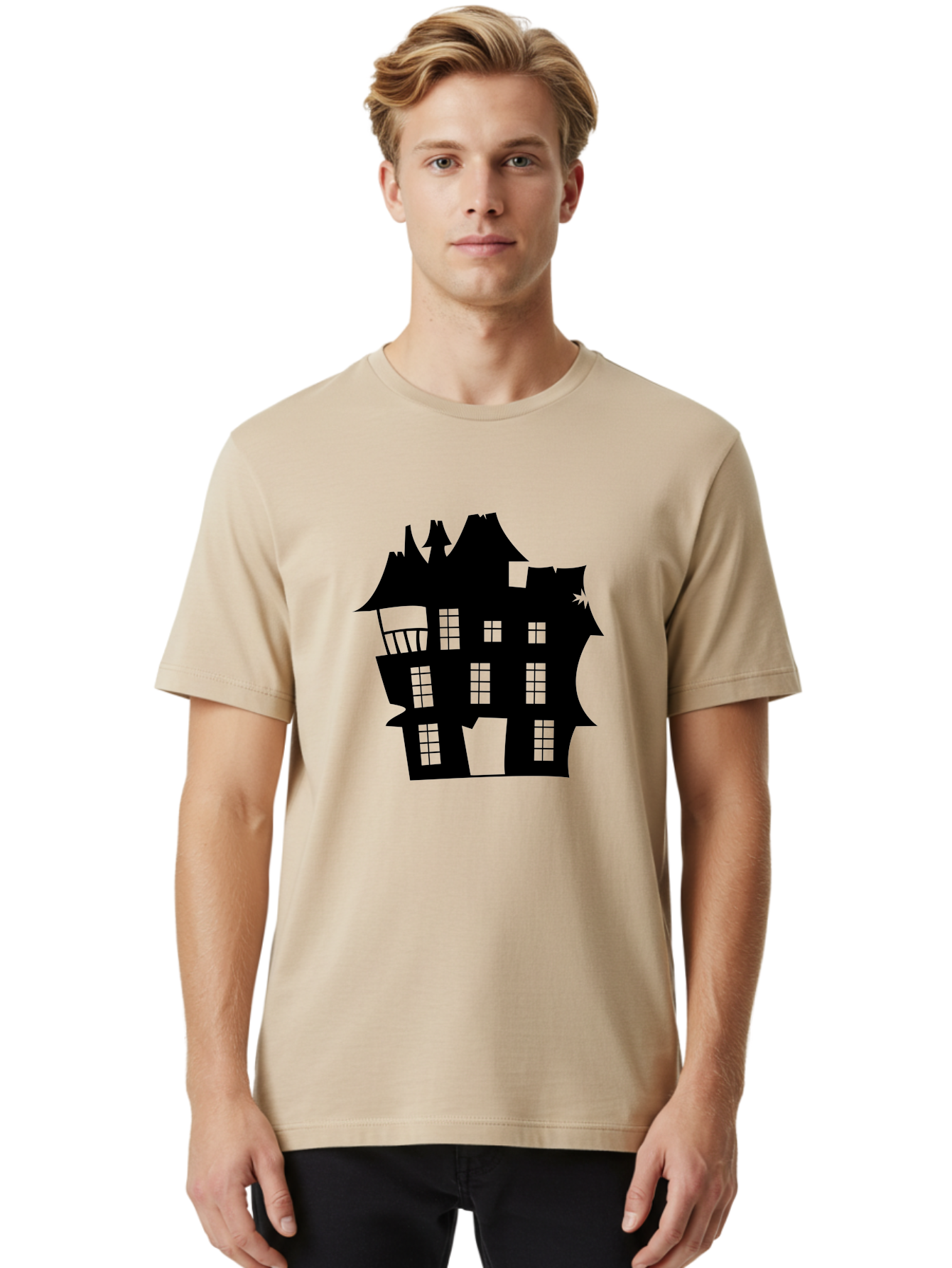 Haunted-House-Silhouette Men'S Graphic Tee, 100% Cotton, Comfortable Casual Summer Wear, Machine Washable, Haunted Mansion, Spooky Silhouette, Eerie Architecture, Creepy House, Haunted Building, Dark Atmosphere, Gothic Style, Mysterious Home Aab226
