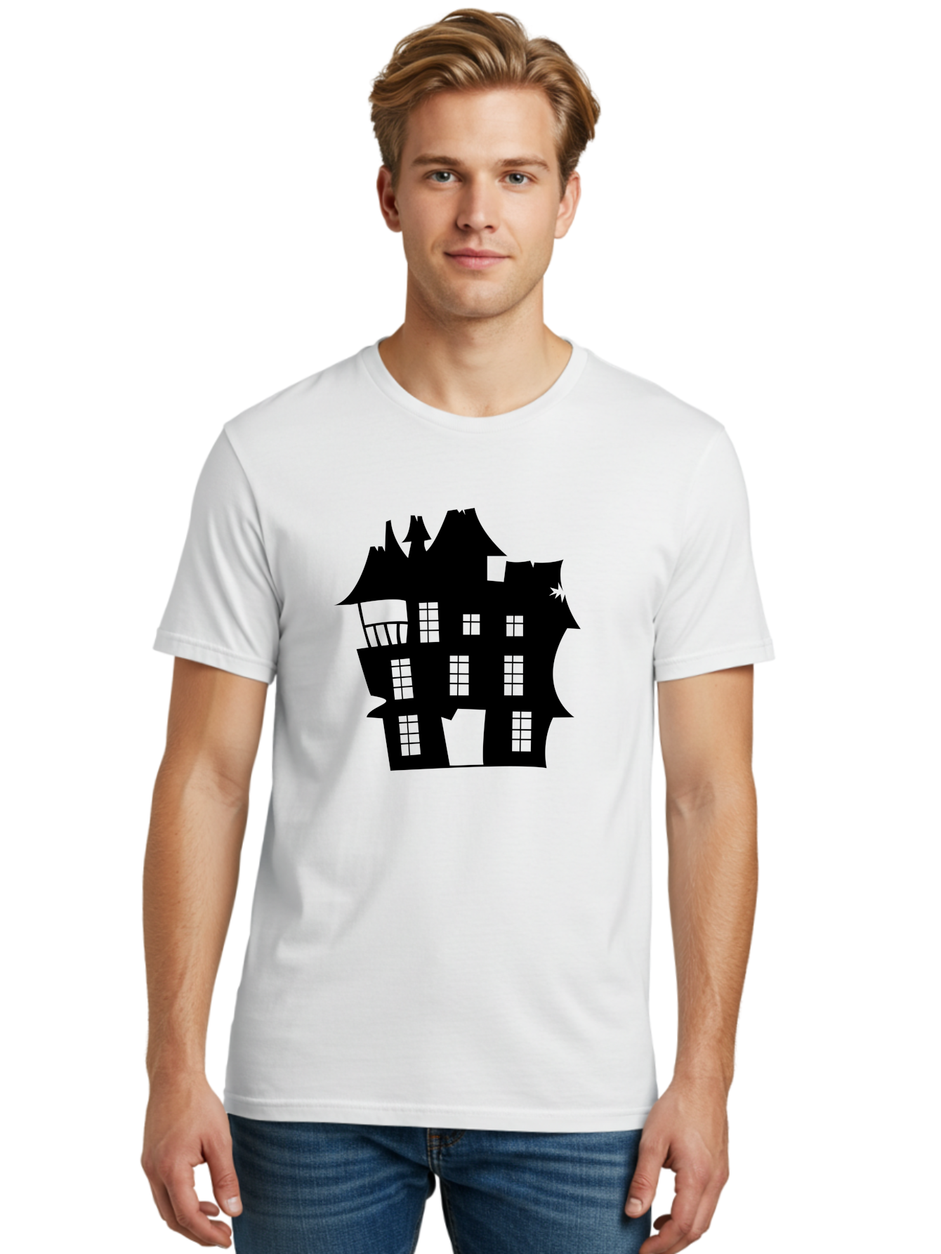Haunted-House-Silhouette Men'S Graphic Tee, 100% Cotton, Comfortable Casual Summer Wear, Machine Washable, Haunted Mansion, Spooky Silhouette, Eerie Architecture, Creepy House, Haunted Building, Dark Atmosphere, Gothic Style, Mysterious Home Aab226
