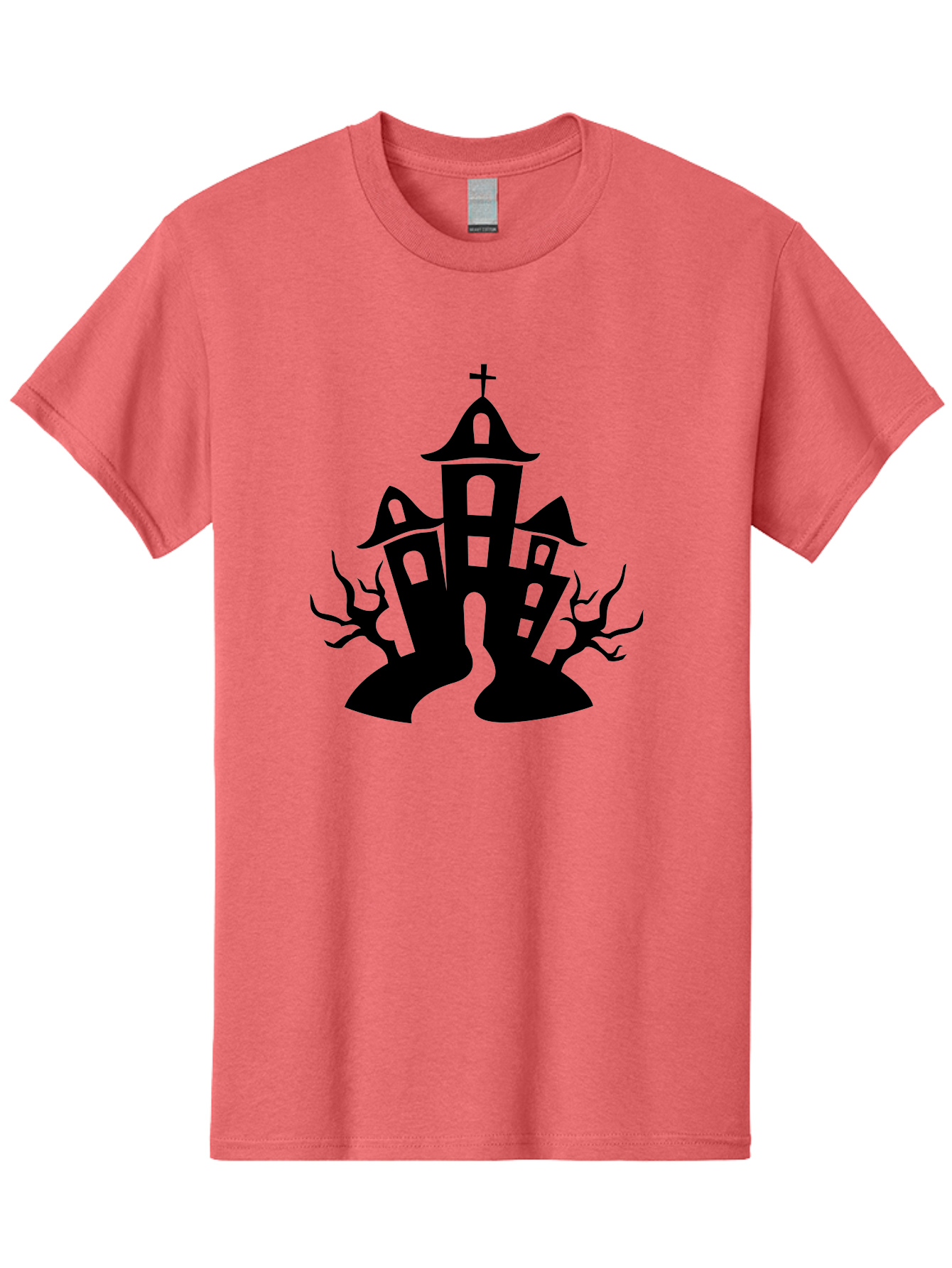 Haunted-House Men'S Graphic Tee, 100% Cotton, Comfortable Casual Summer Wear, Machine Washable, Haunted Church, Spooky Atmosphere, Gothic Architecture, Creepy Trees, Halloween Theme, Eerie Silhouette, Black Church, Cross On Top, Haunted House Aab227