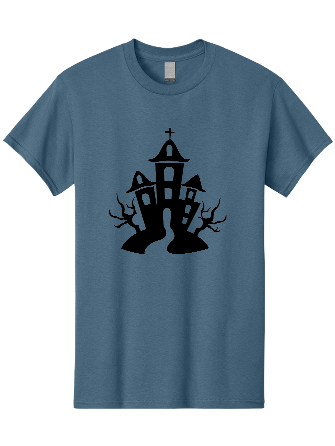 Haunted-House Men'S Graphic Tee, 100% Cotton, Comfortable Casual Summer Wear, Machine Washable, Haunted Church, Spooky Atmosphere, Gothic Architecture, Creepy Trees, Halloween Theme, Eerie Silhouette, Black Church, Cross On Top, Haunted House Aab227