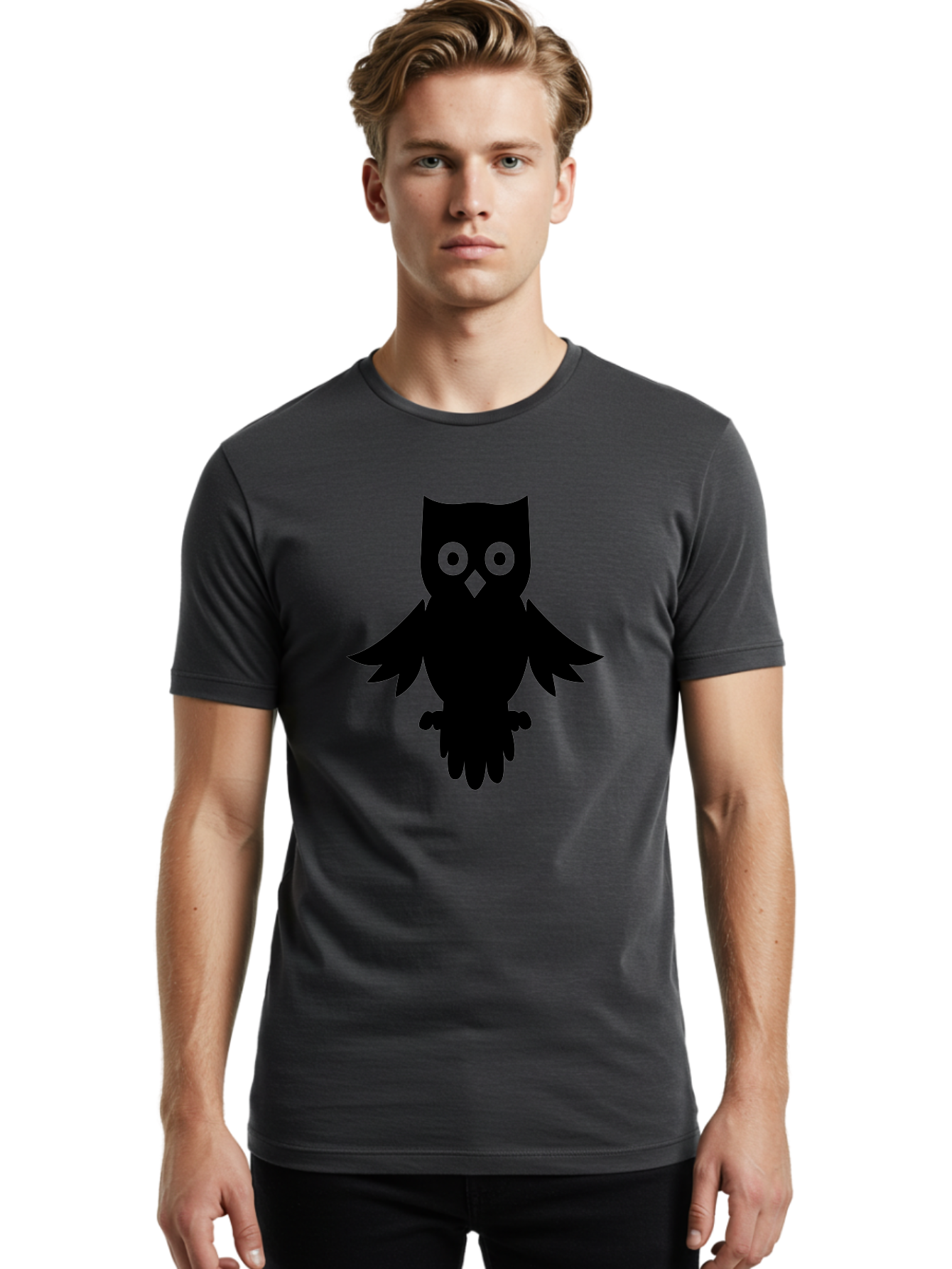 Owl-Silhouette Men'S Graphic Tee, 100% Cotton, Comfortable Casual Summer Wear, Machine Washable, Owl Silhouette, Black Owl, Green Eyes, Diamond Beak, Wingspan, Nocturnal Bird, Wise Animal, Cartoon Style, Simple Design, Owl Art Aab231