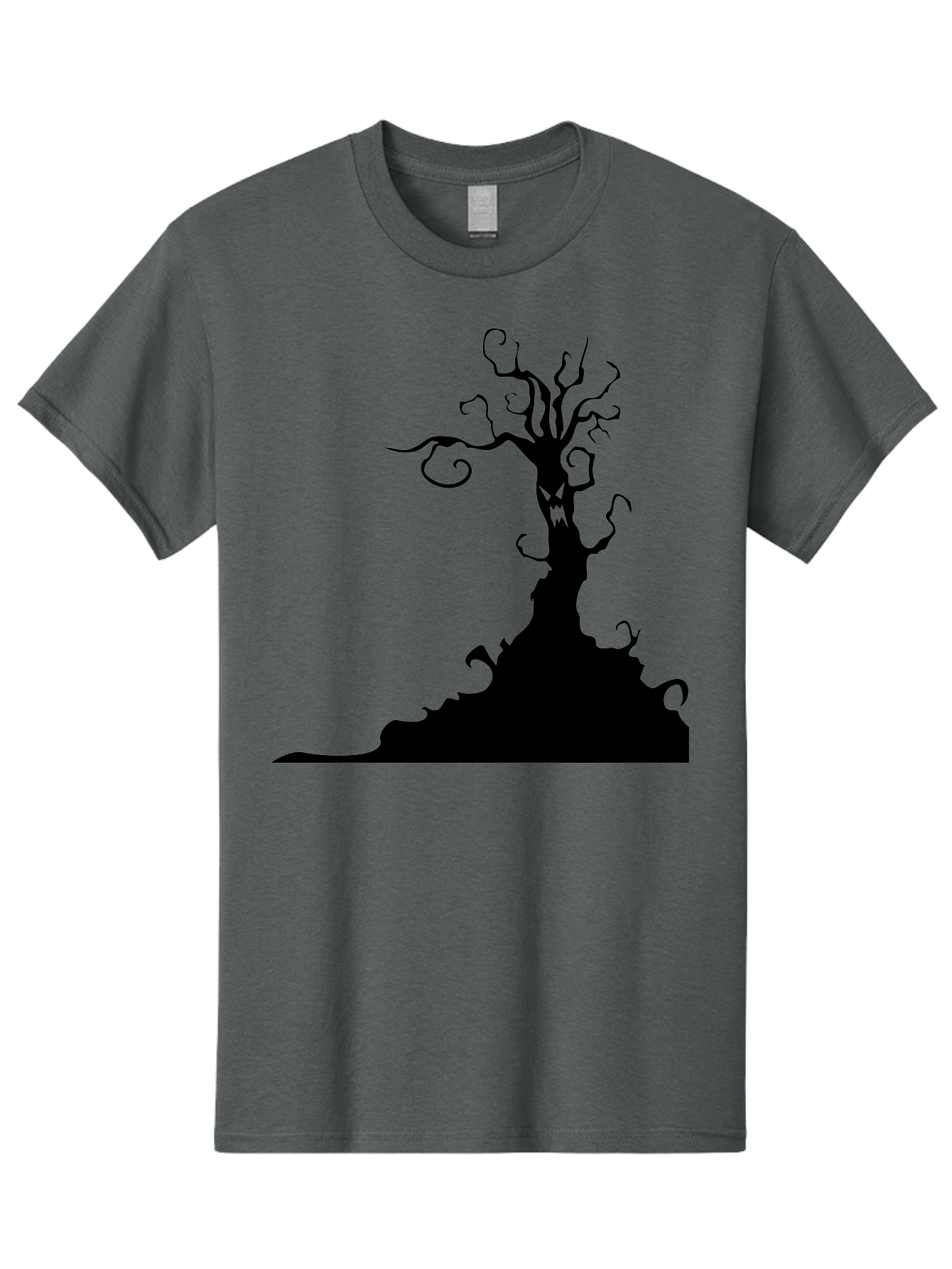 Tree-Silhouette Men'S Graphic Tee, 100% Cotton, Comfortable Casual Summer Wear, Machine Washable, Twisted Tree, Spooky Atmosphere, Mysterious Forest, Gothic Landscape, Bare Branches, Eerie Silhouette, Dark Fantasy, Haunting Imagery Aab235