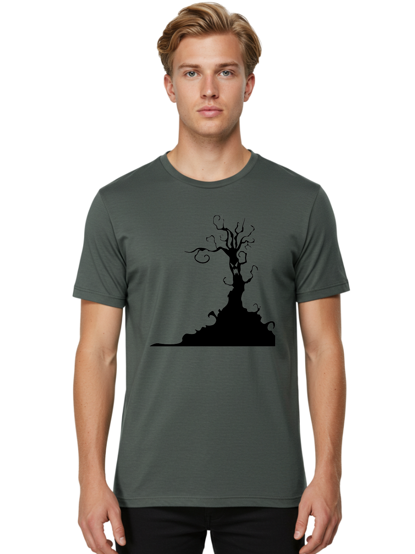 Tree-Silhouette Men'S Graphic Tee, 100% Cotton, Comfortable Casual Summer Wear, Machine Washable, Twisted Tree, Spooky Atmosphere, Mysterious Forest, Gothic Landscape, Bare Branches, Eerie Silhouette, Dark Fantasy, Haunting Imagery Aab235
