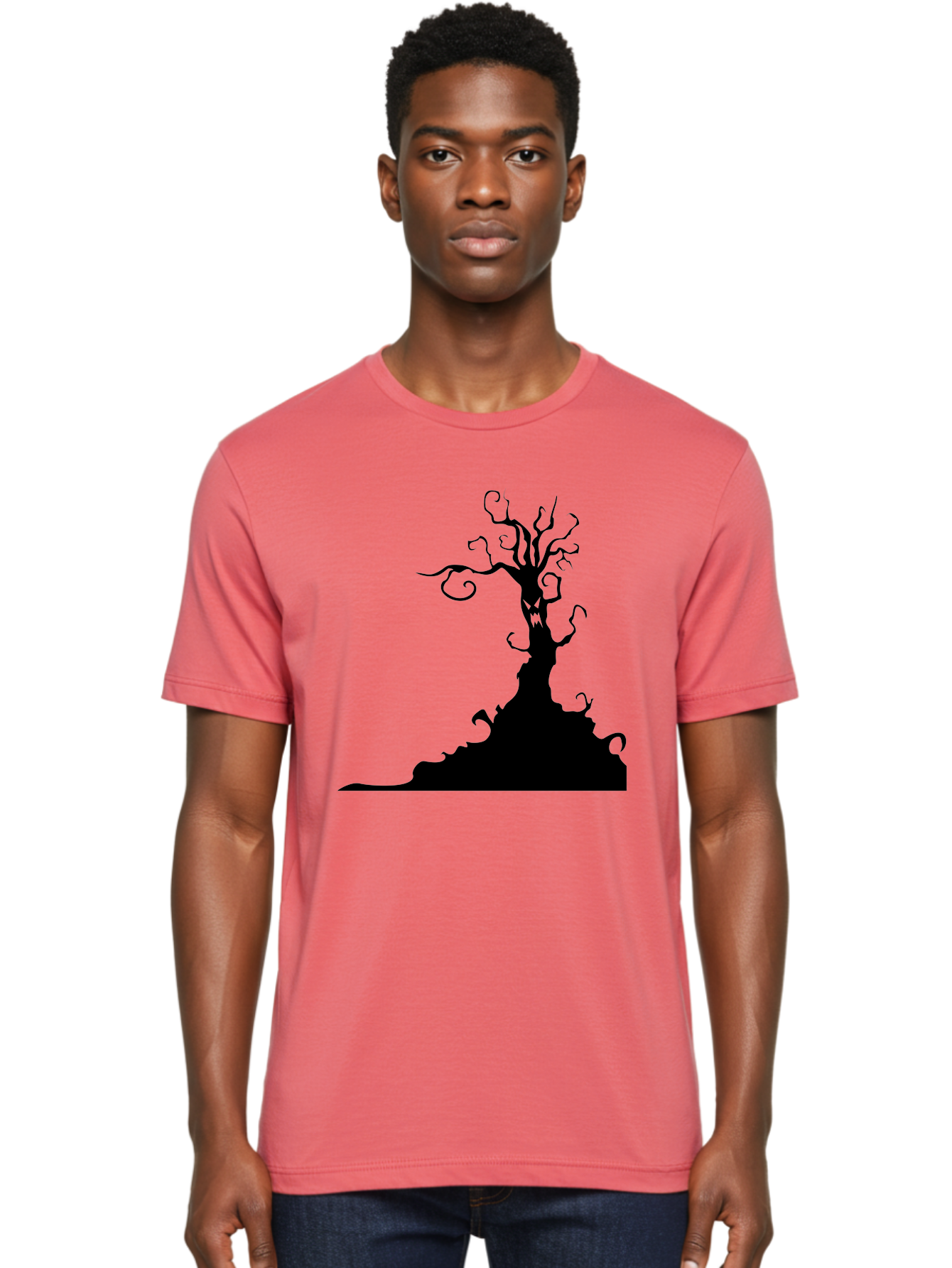 Tree-Silhouette Men'S Graphic Tee, 100% Cotton, Comfortable Casual Summer Wear, Machine Washable, Twisted Tree, Spooky Atmosphere, Mysterious Forest, Gothic Landscape, Bare Branches, Eerie Silhouette, Dark Fantasy, Haunting Imagery Aab235
