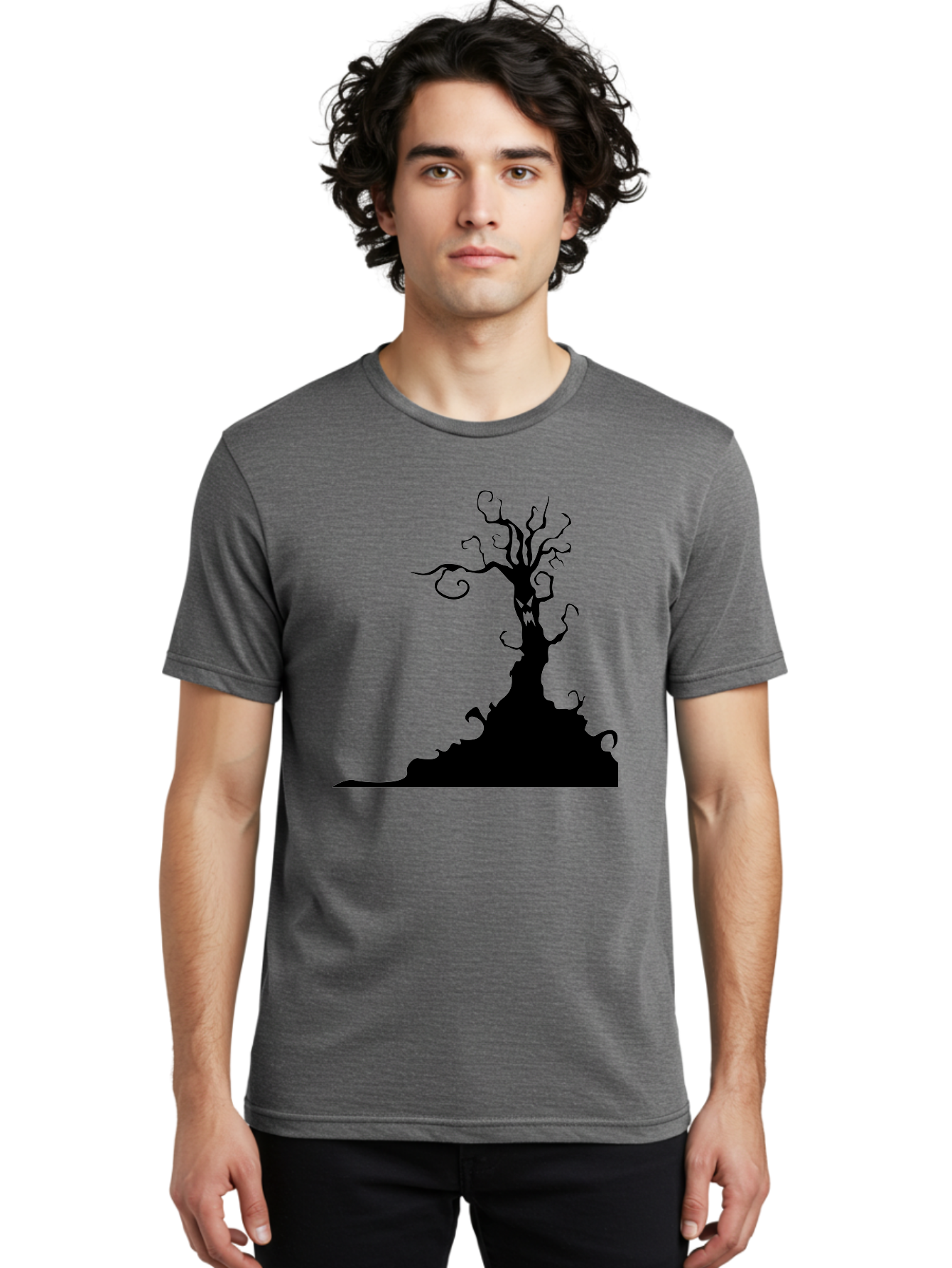 Tree-Silhouette Men'S Graphic Tee, 100% Cotton, Comfortable Casual Summer Wear, Machine Washable, Twisted Tree, Spooky Atmosphere, Mysterious Forest, Gothic Landscape, Bare Branches, Eerie Silhouette, Dark Fantasy, Haunting Imagery Aab235