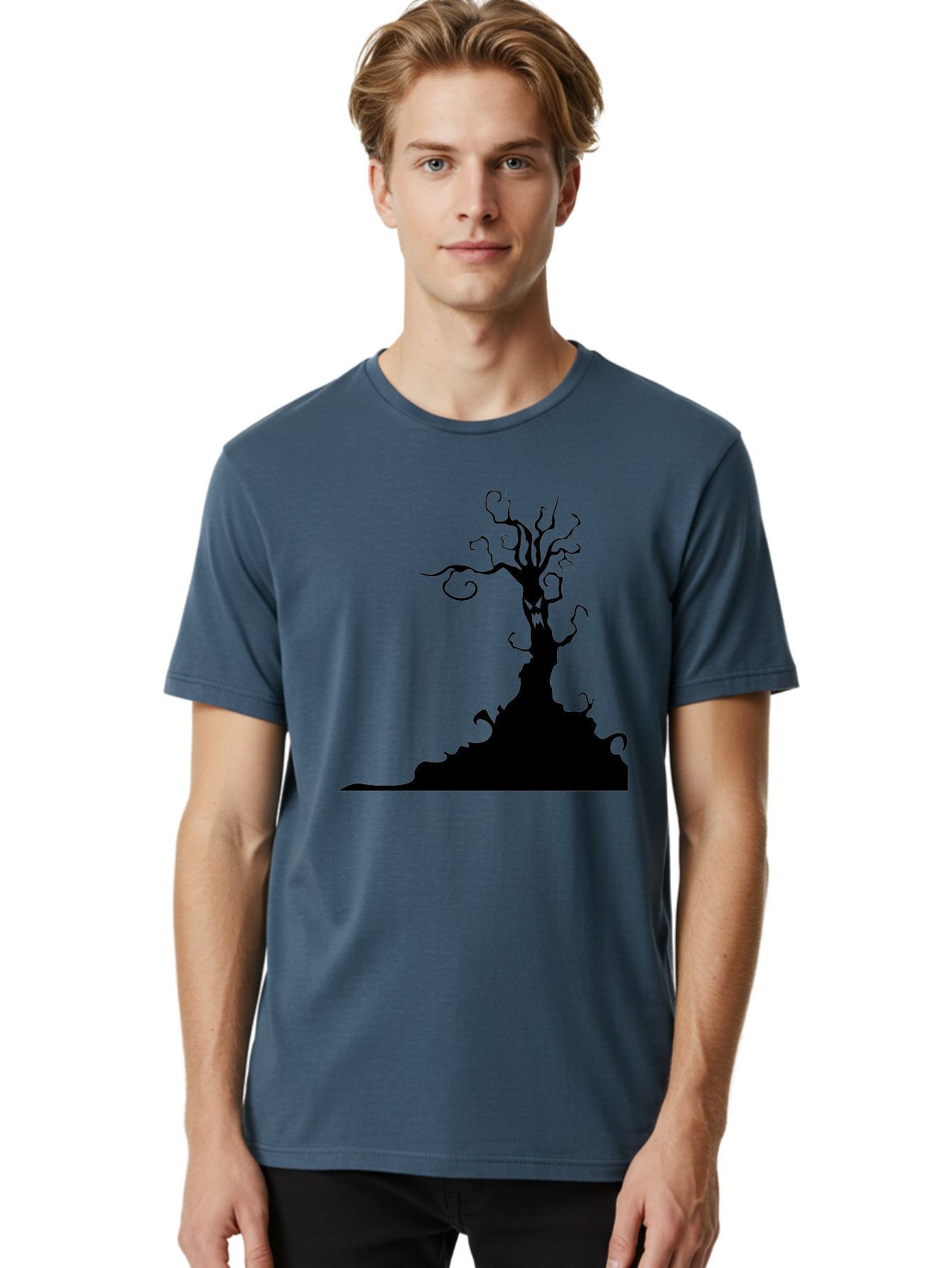 Tree-Silhouette Men'S Graphic Tee, 100% Cotton, Comfortable Casual Summer Wear, Machine Washable, Twisted Tree, Spooky Atmosphere, Mysterious Forest, Gothic Landscape, Bare Branches, Eerie Silhouette, Dark Fantasy, Haunting Imagery Aab235