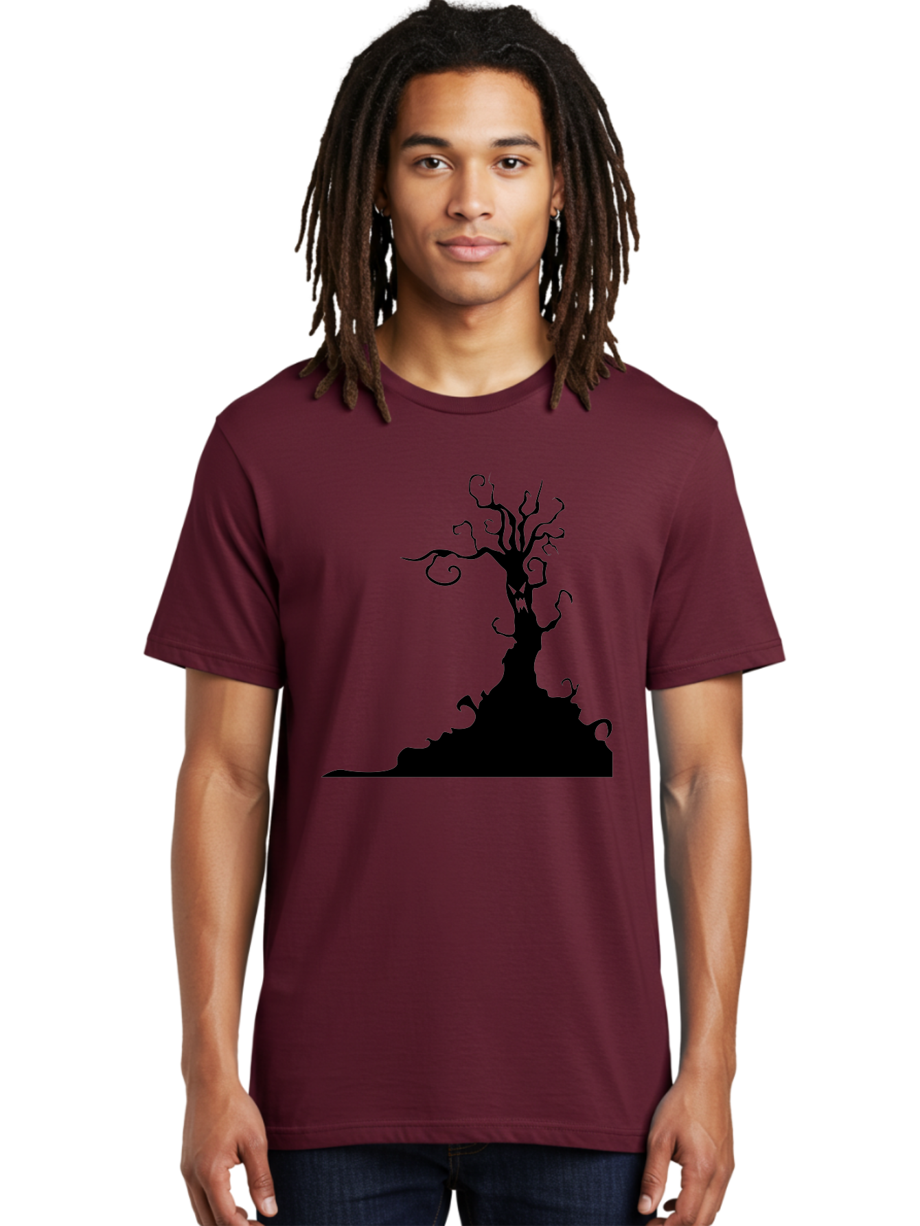 Tree-Silhouette Men'S Graphic Tee, 100% Cotton, Comfortable Casual Summer Wear, Machine Washable, Twisted Tree, Spooky Atmosphere, Mysterious Forest, Gothic Landscape, Bare Branches, Eerie Silhouette, Dark Fantasy, Haunting Imagery Aab235