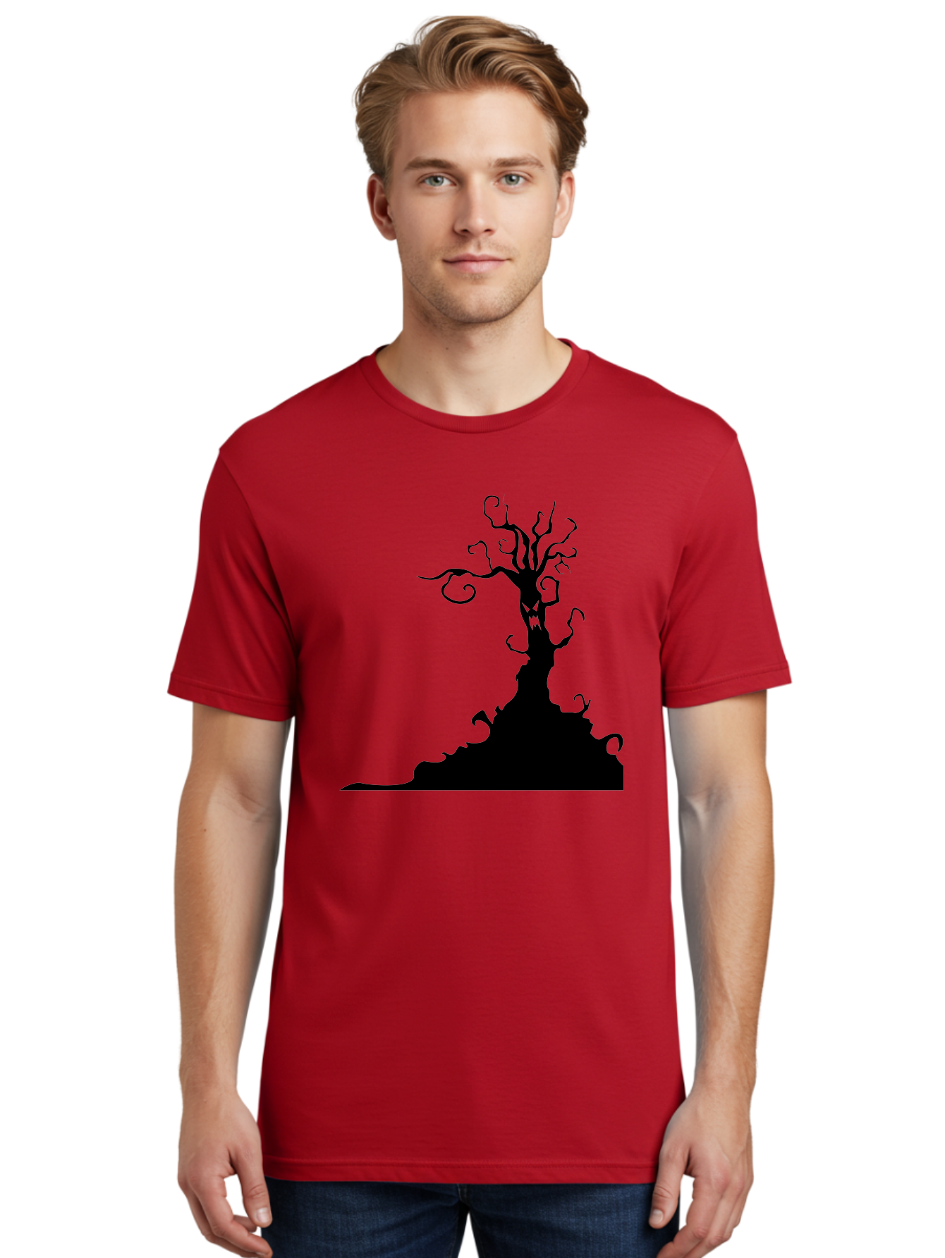 Tree-Silhouette Men'S Graphic Tee, 100% Cotton, Comfortable Casual Summer Wear, Machine Washable, Twisted Tree, Spooky Atmosphere, Mysterious Forest, Gothic Landscape, Bare Branches, Eerie Silhouette, Dark Fantasy, Haunting Imagery Aab235