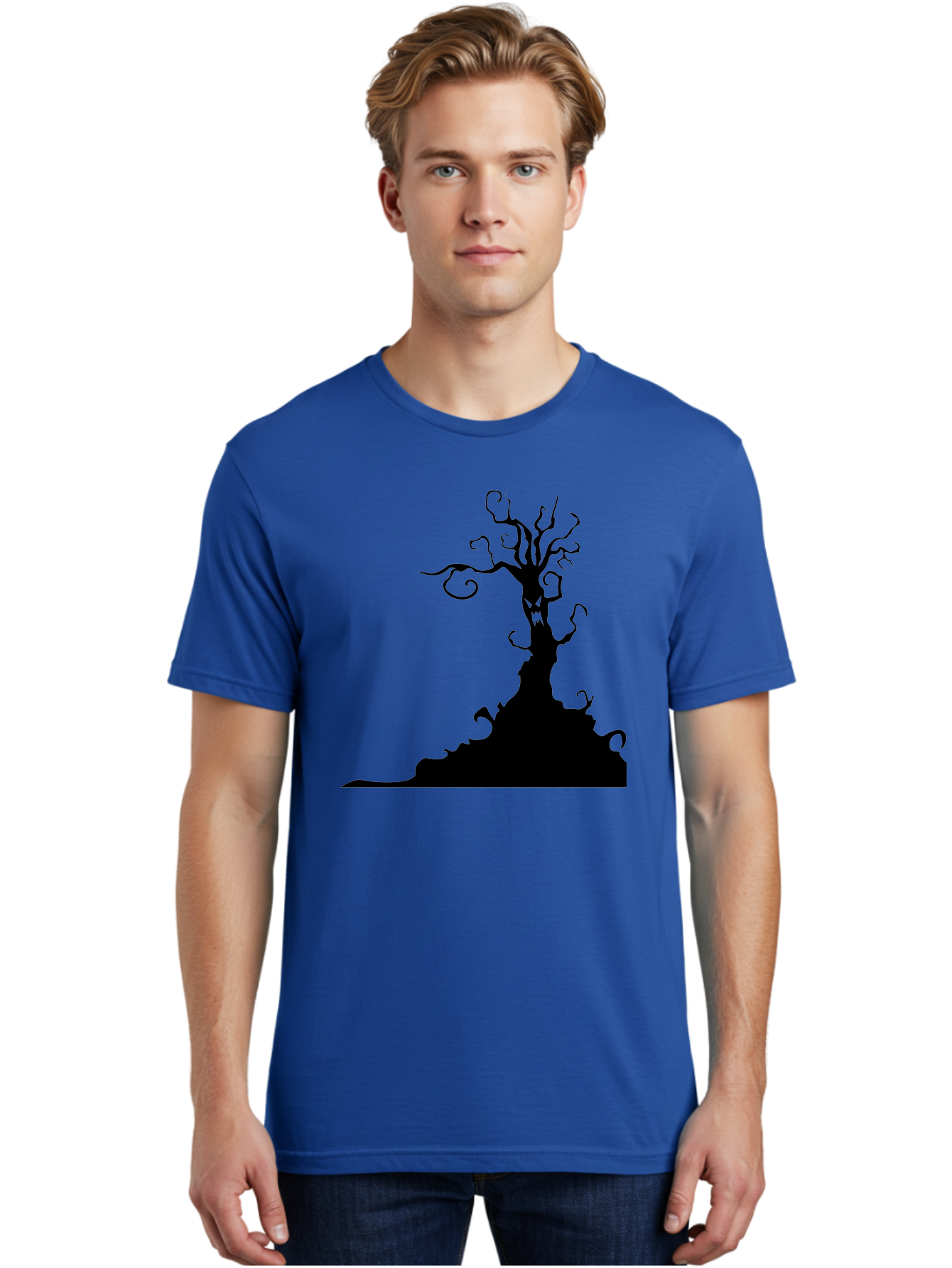 Tree-Silhouette Men'S Graphic Tee, 100% Cotton, Comfortable Casual Summer Wear, Machine Washable, Twisted Tree, Spooky Atmosphere, Mysterious Forest, Gothic Landscape, Bare Branches, Eerie Silhouette, Dark Fantasy, Haunting Imagery Aab235