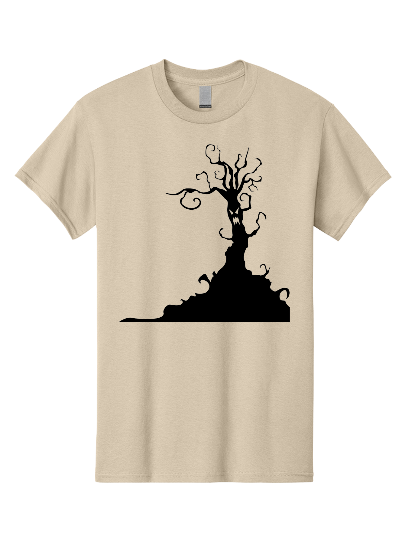 Tree-Silhouette Men'S Graphic Tee, 100% Cotton, Comfortable Casual Summer Wear, Machine Washable, Twisted Tree, Spooky Atmosphere, Mysterious Forest, Gothic Landscape, Bare Branches, Eerie Silhouette, Dark Fantasy, Haunting Imagery Aab235