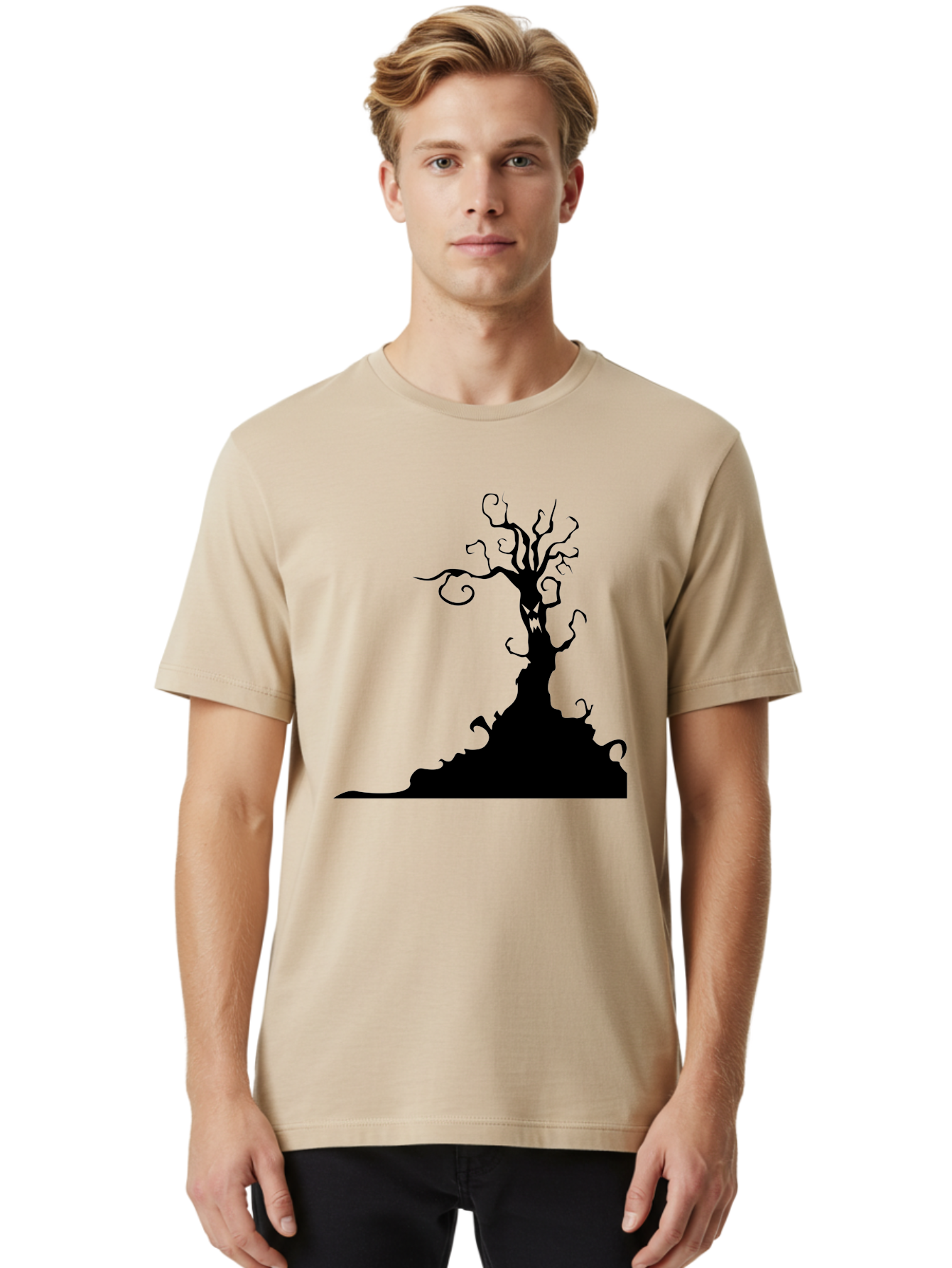 Tree-Silhouette Men'S Graphic Tee, 100% Cotton, Comfortable Casual Summer Wear, Machine Washable, Twisted Tree, Spooky Atmosphere, Mysterious Forest, Gothic Landscape, Bare Branches, Eerie Silhouette, Dark Fantasy, Haunting Imagery Aab235