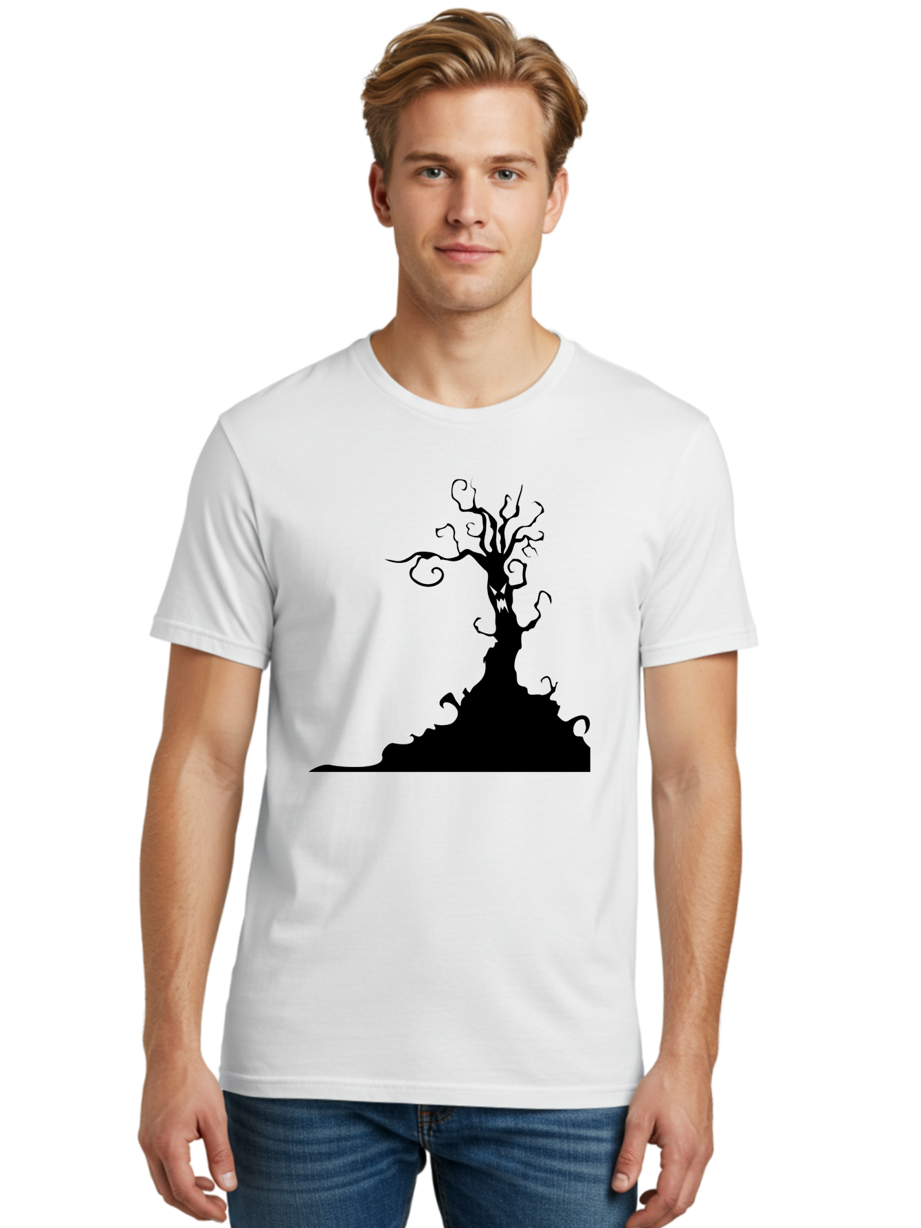 Tree-Silhouette Men'S Graphic Tee, 100% Cotton, Comfortable Casual Summer Wear, Machine Washable, Twisted Tree, Spooky Atmosphere, Mysterious Forest, Gothic Landscape, Bare Branches, Eerie Silhouette, Dark Fantasy, Haunting Imagery Aab235