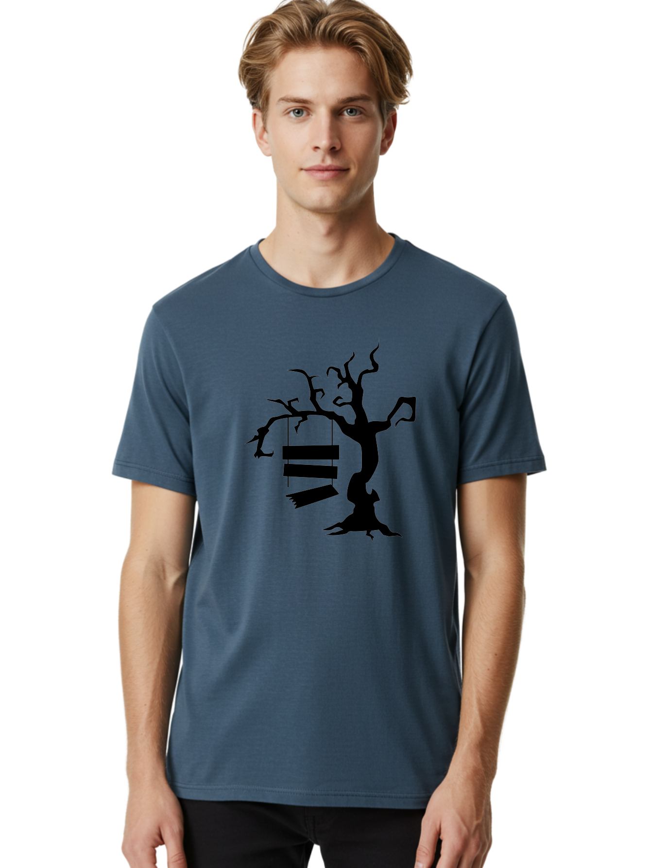 Tree-Swing-Silhouette Men'S Graphic Tee, 100% Cotton, Comfortable Casual Summer Wear, Machine Washable, Tree Swing, Spooky Tree, Twisted Branches, Wooden Planks, Eerie Atmosphere, Haunting Decor, Halloween Theme, Gothic Style Aab236