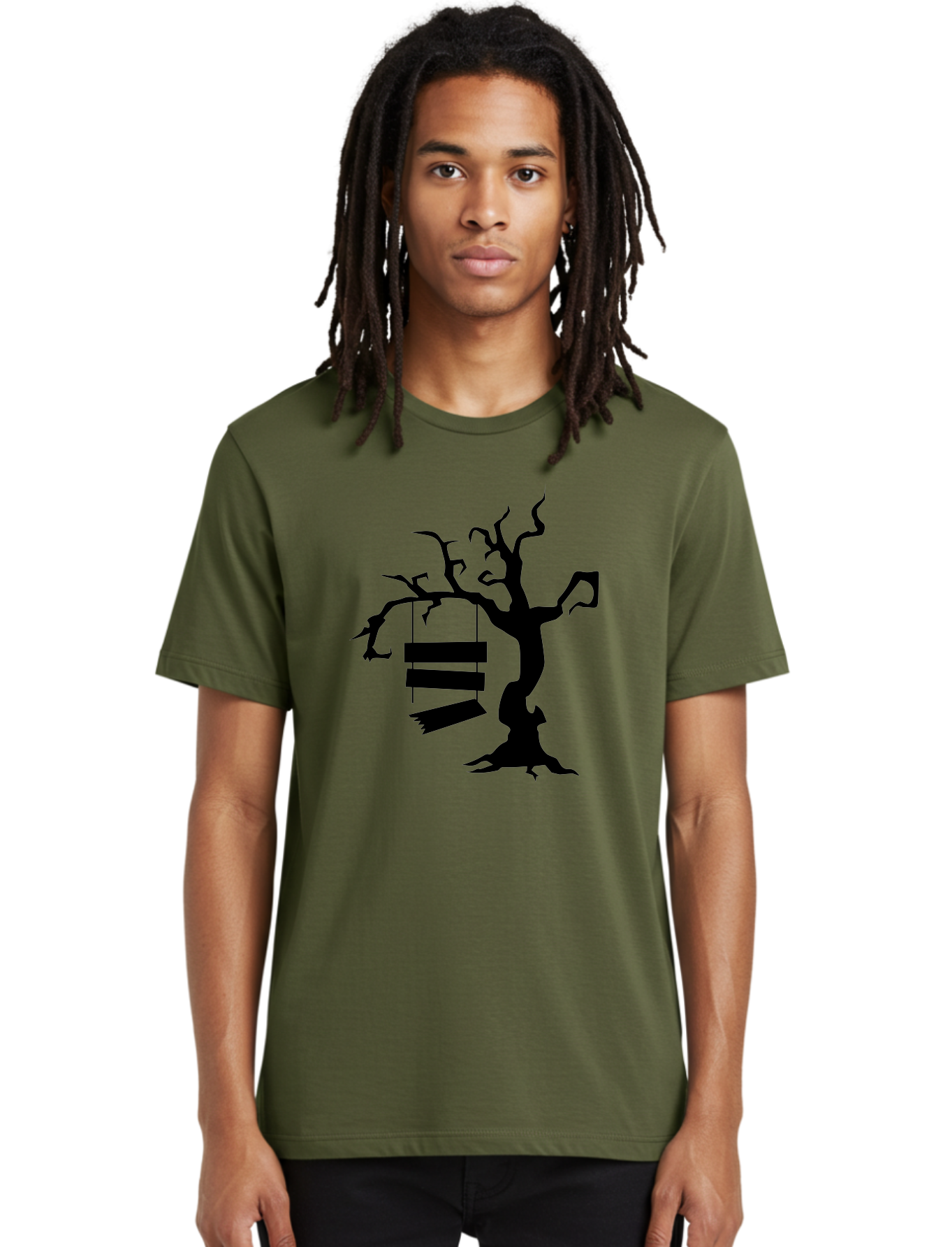 Tree-Swing-Silhouette Men'S Graphic Tee, 100% Cotton, Comfortable Casual Summer Wear, Machine Washable, Tree Swing, Spooky Tree, Twisted Branches, Wooden Planks, Eerie Atmosphere, Haunting Decor, Halloween Theme, Gothic Style Aab236