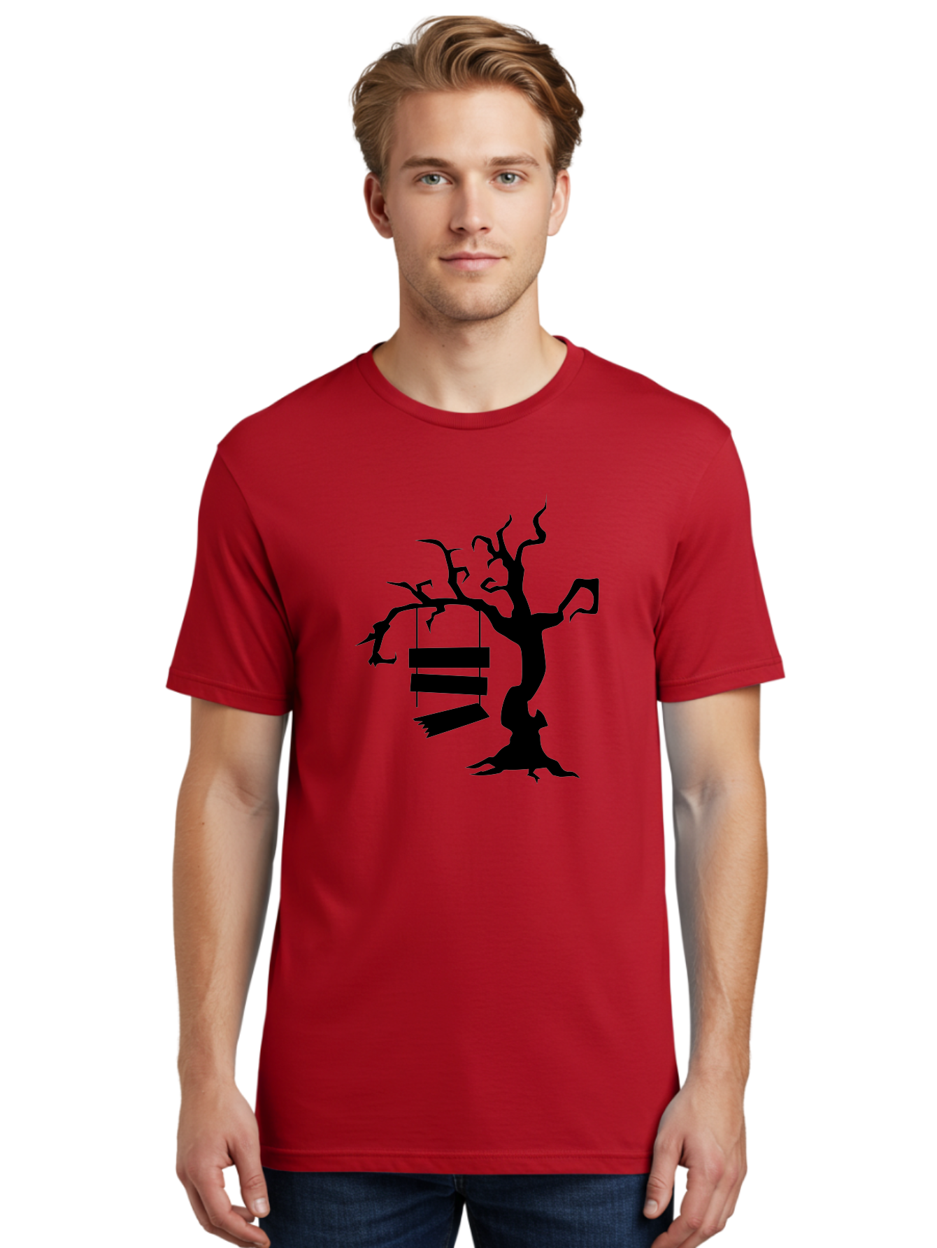 Tree-Swing-Silhouette Men'S Graphic Tee, 100% Cotton, Comfortable Casual Summer Wear, Machine Washable, Tree Swing, Spooky Tree, Twisted Branches, Wooden Planks, Eerie Atmosphere, Haunting Decor, Halloween Theme, Gothic Style Aab236