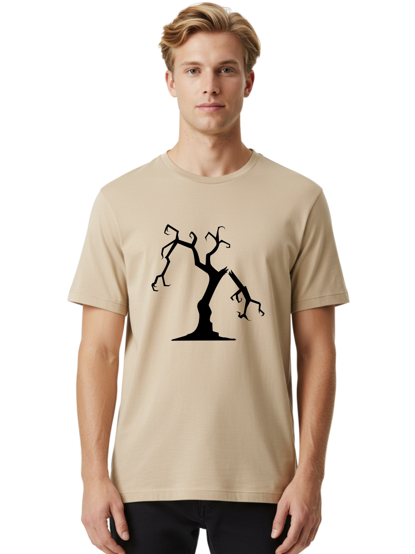 Twisted-Tree Men'S Graphic Tee, 100% Cotton, Comfortable Casual Summer Wear, Machine Washable, Dead Tree, Bare Branches, Twisted Limbs, Spooky Atmosphere, Dark Silhouette, Halloween Theme, Eerie Landscape, Gothic Aesthetic, Mysterious Forest, Aab237