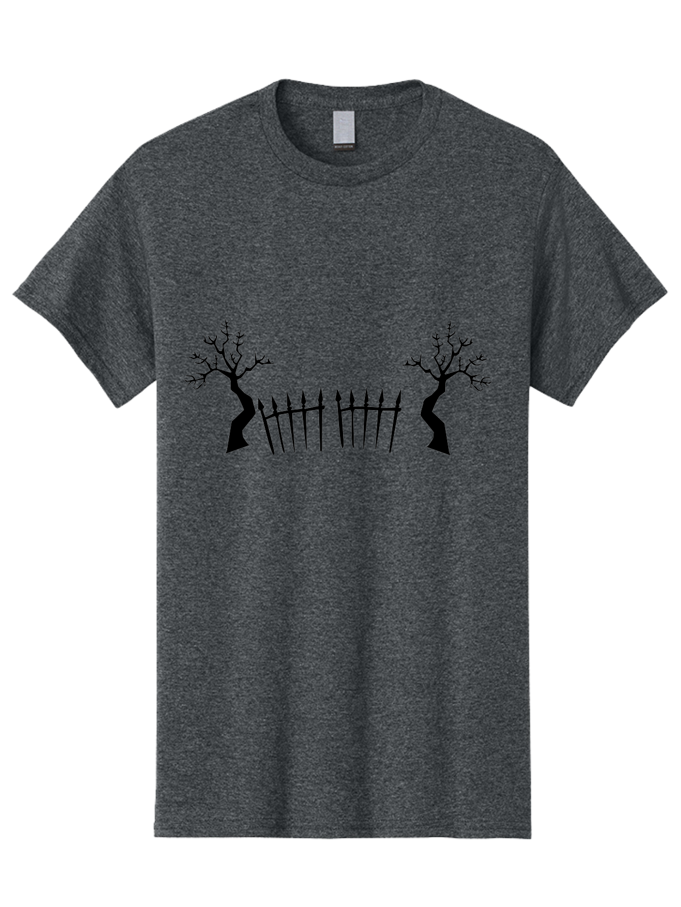 Twisted-Trees-And-Fence Men'S Graphic Tee, 100% Cotton, Comfortable Casual Summer Wear, Machine Washable, Twisted Trees, Bare Branches, Wrought Iron Fence, Spiked Fence, Eerie Landscape, Gothic Scenery, Haunted Atmosphere, Dark Silhouette, Aab238
