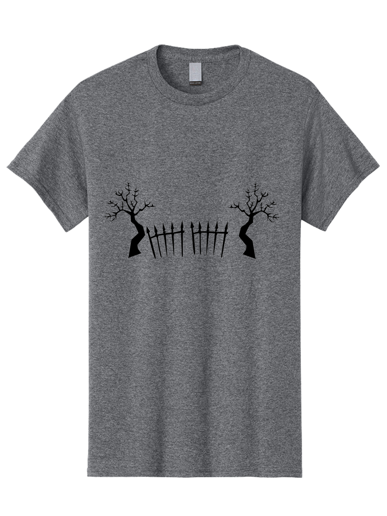 Twisted-Trees-And-Fence Men'S Graphic Tee, 100% Cotton, Comfortable Casual Summer Wear, Machine Washable, Twisted Trees, Bare Branches, Wrought Iron Fence, Spiked Fence, Eerie Landscape, Gothic Scenery, Haunted Atmosphere, Dark Silhouette, Aab238