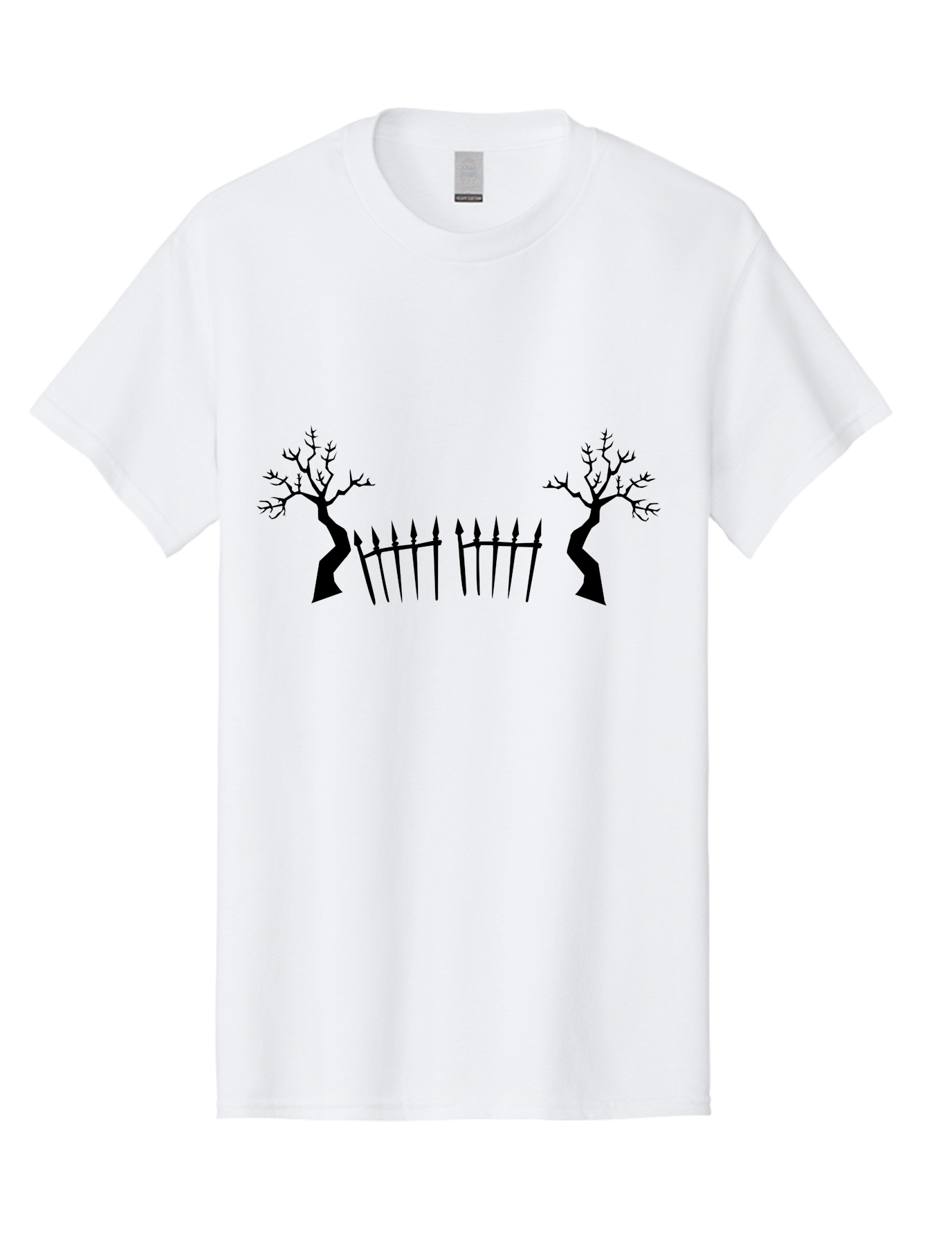 Twisted-Trees-And-Fence Men'S Graphic Tee, 100% Cotton, Comfortable Casual Summer Wear, Machine Washable, Twisted Trees, Bare Branches, Wrought Iron Fence, Spiked Fence, Eerie Landscape, Gothic Scenery, Haunted Atmosphere, Dark Silhouette, Aab238