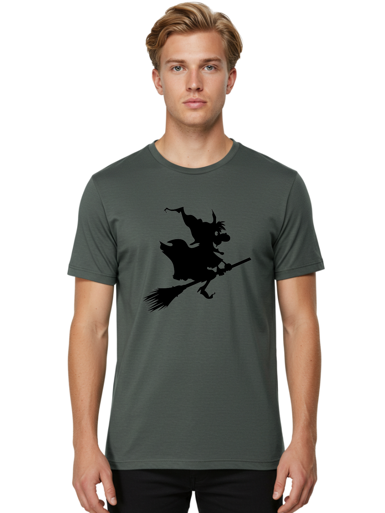 Witch-On-Broomstick Men'S Graphic Tee, 100% Cotton, Comfortable Casual Summer Wear, Machine Washable, Witch On Broomstick, Flying Witch, Halloween Character, Silhouette Art, Magical Creature, Spooky Theme, Mysterious Atmosphere, Aab239